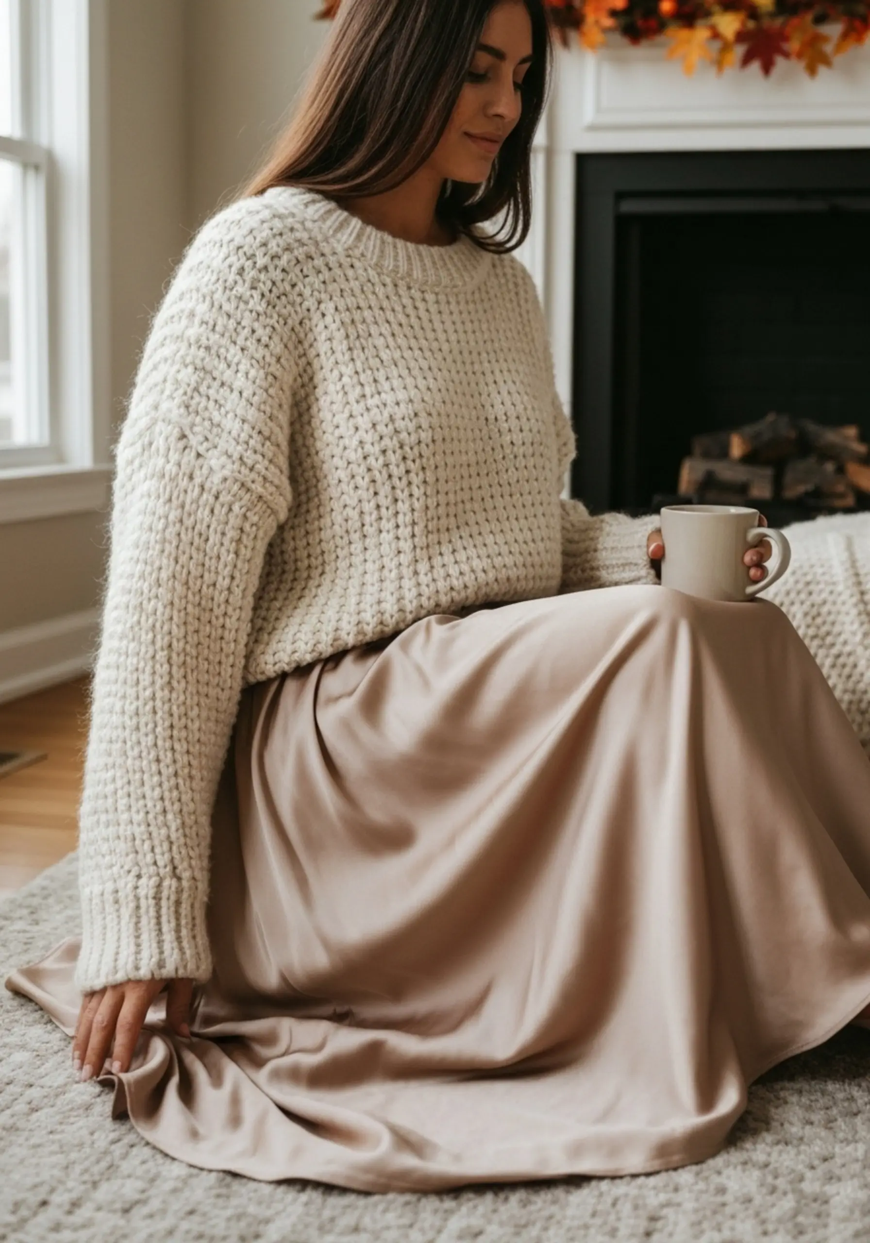 "7 Ways to Style a Satin or Velvet Midi Skirt for Thanksgiving" 1 Cozy woman half sweater knit smiling champagne midi room a of skirt satin p wearing chunky cream and an into tucked in oversized living cider image holding mug 1 colored
