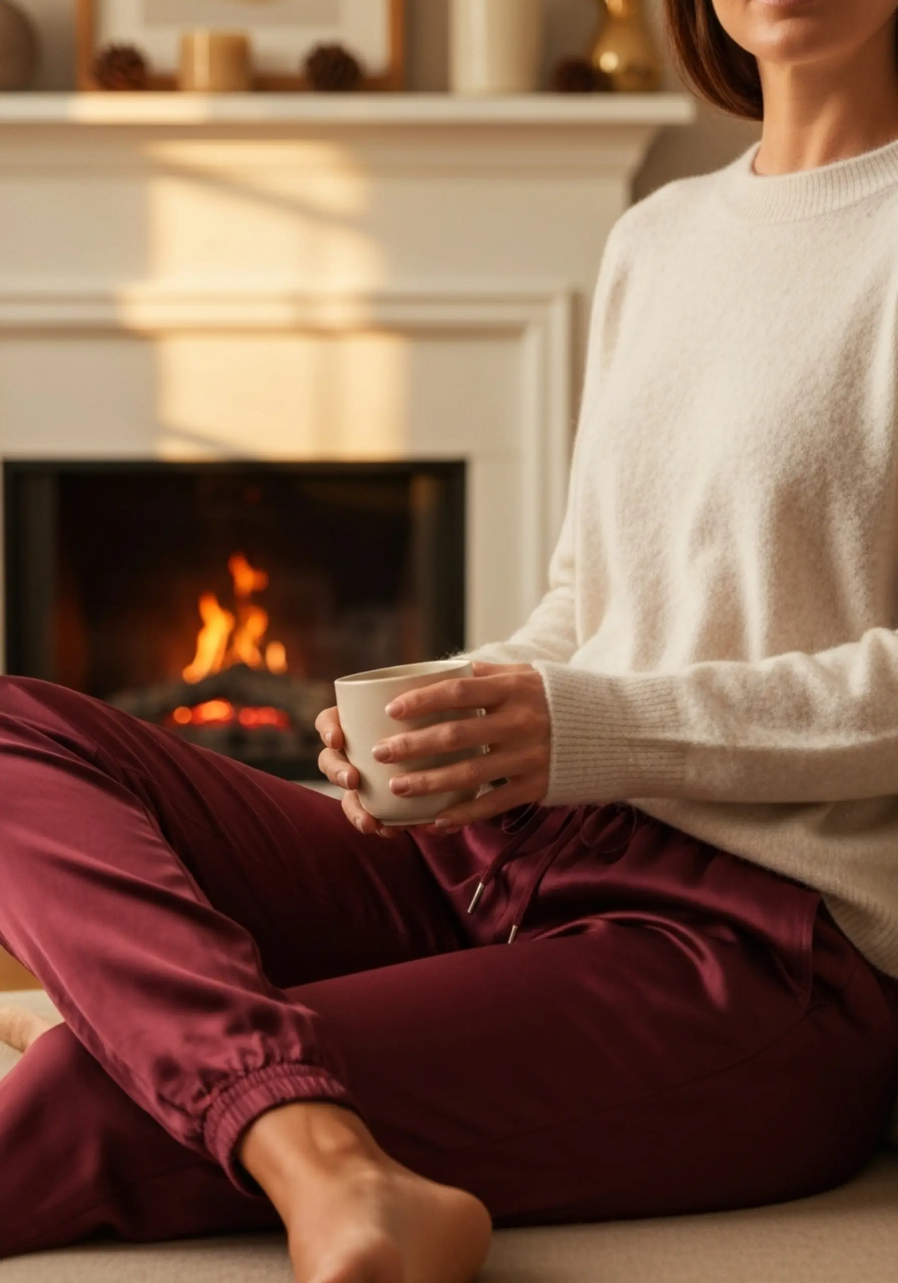 Woman holds sweater maroon joggers smiling silky a she p wine glass cream and deep in as image cashmere 1 colored