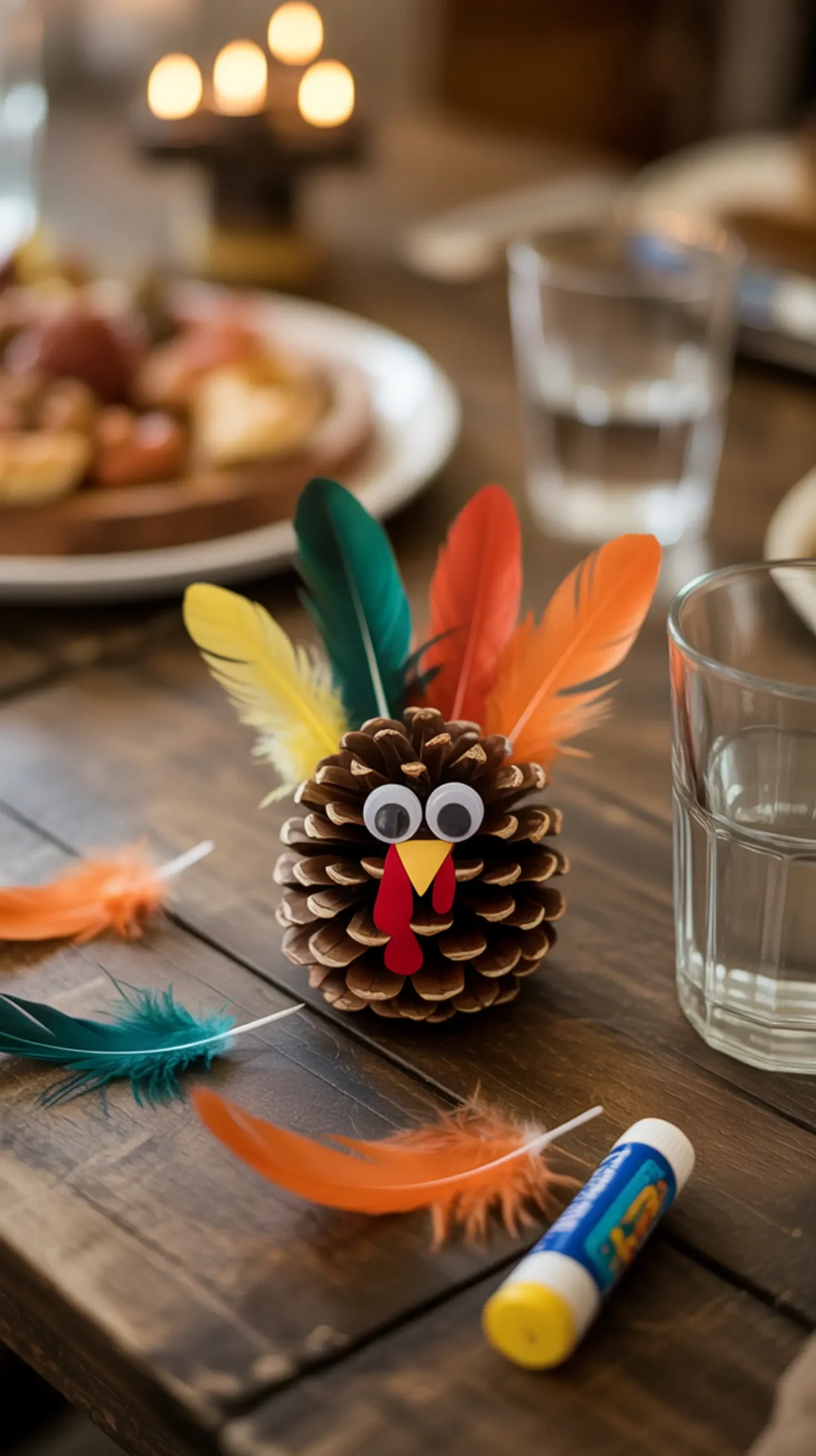 "7 Adorable DIY Thanksgiving Place Card Ideas Kids Can Make" 1 Eyes finished 1 water card with sitting feathers on a up of googly complete p thanksgiving glass set and close pinecone turkey colorful image next proudly to place table