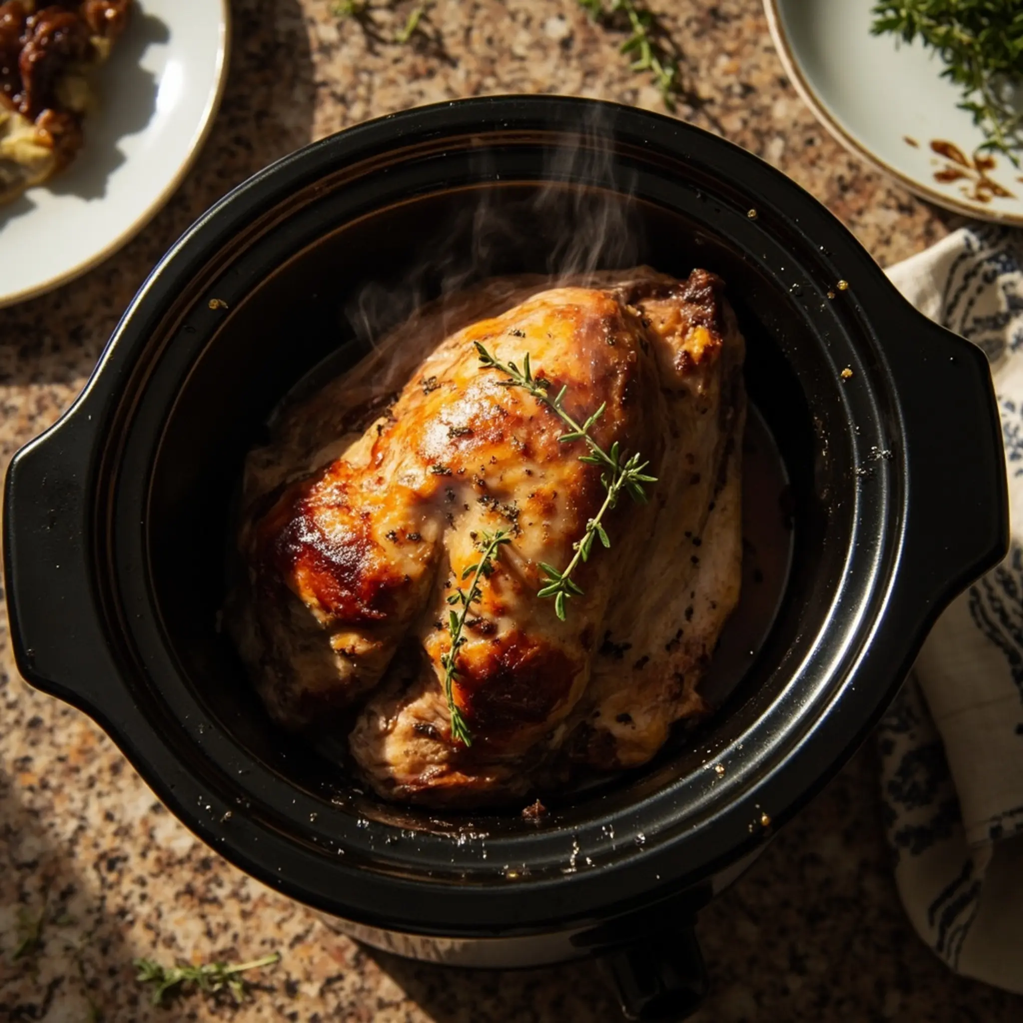 Being lifted herbs brown breast rising cooker fresh with golden a of gently p steam the and skin turkey out image clinging slow perfectly to 1