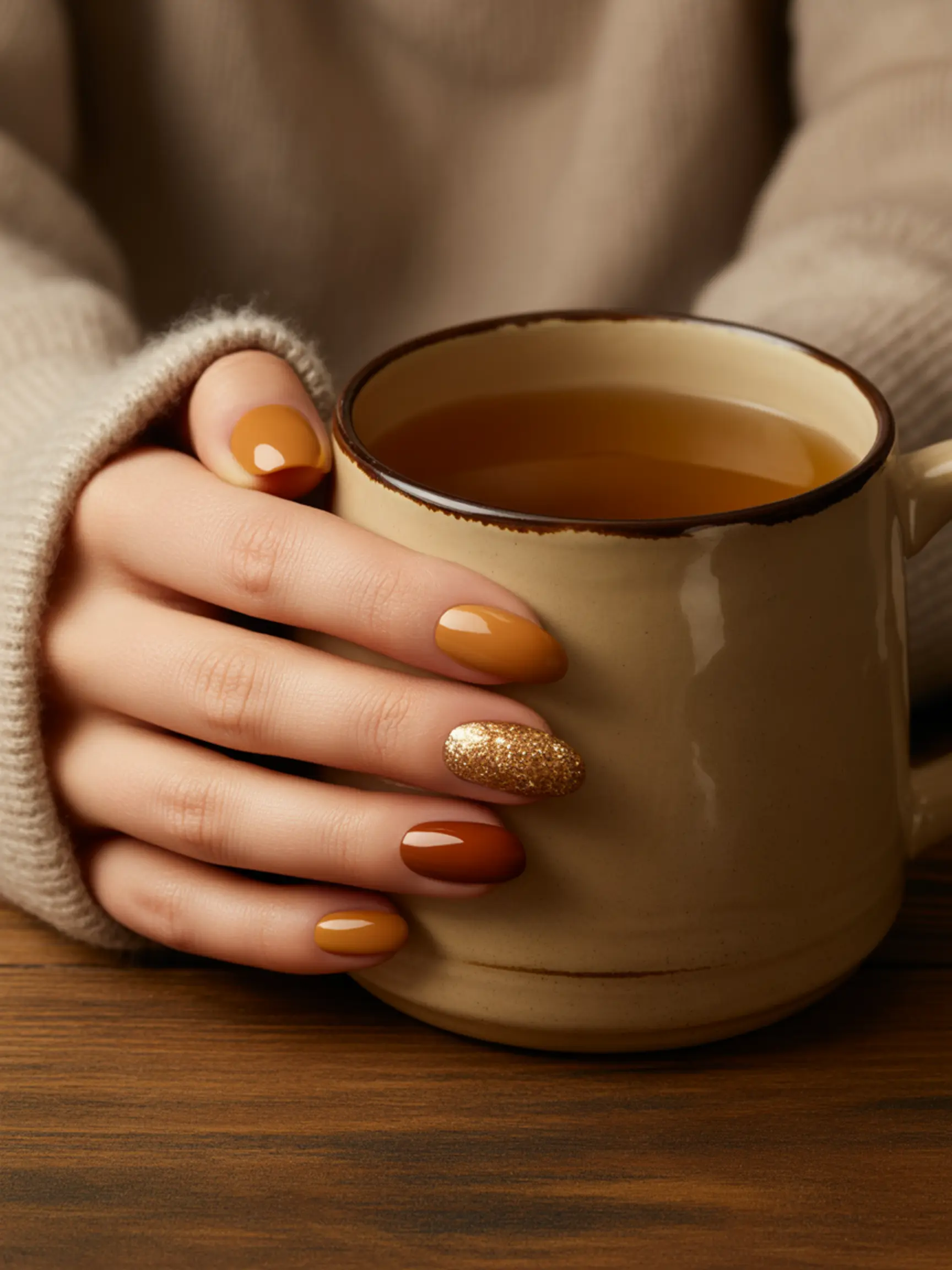 Hand brown with a up showcasing of p glitter gold apple shades and close in accent caramel nail cider image holding cinnamon mug 1 nails