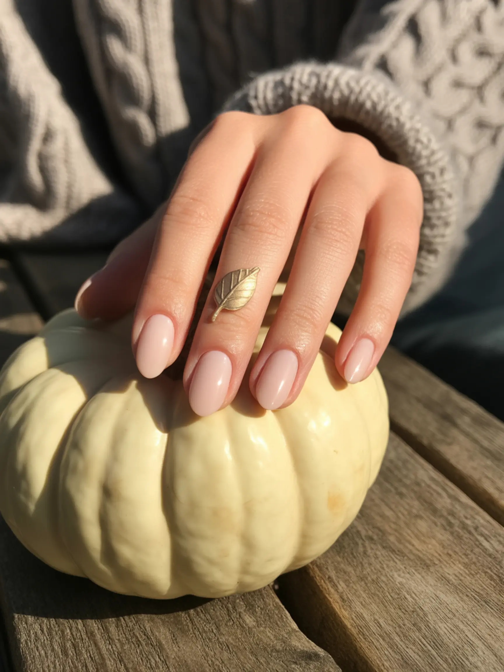 "15 Thanksgiving Nail Sticker & Decal Ideas for the Easiest Mani Ever" 1 Delicate with elegantly a up nude of creamy near p single the gold close nail image leaf sticker cuticle 1 placed painted