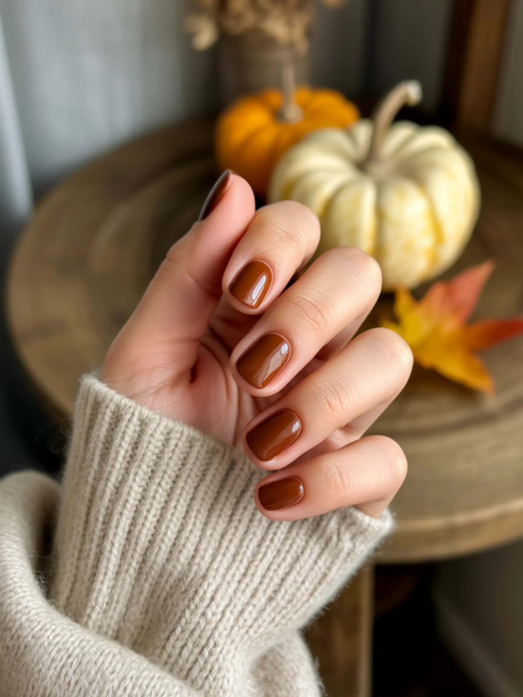 Manicured hand brown sweater knit square a sleeve up glossy of short gently p chocolate the shot cream neatly is close in shaped color image holding rich 1 colored nails painted