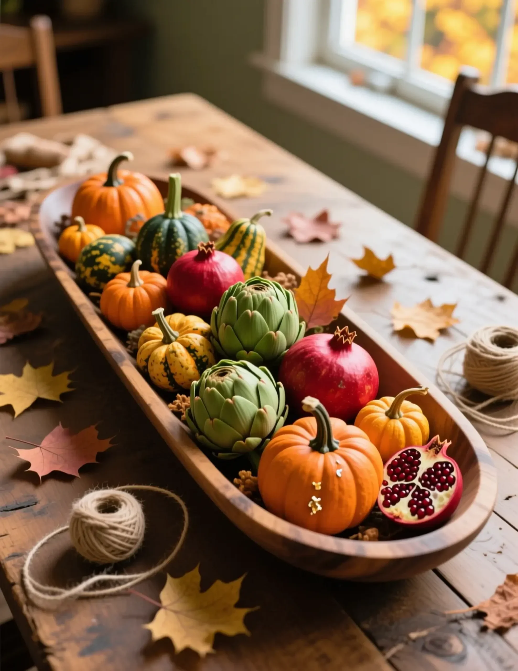 Dough with on a p gourds and artichokes colorful image rustic filled dining pomegranates long bowl wooden 1 table