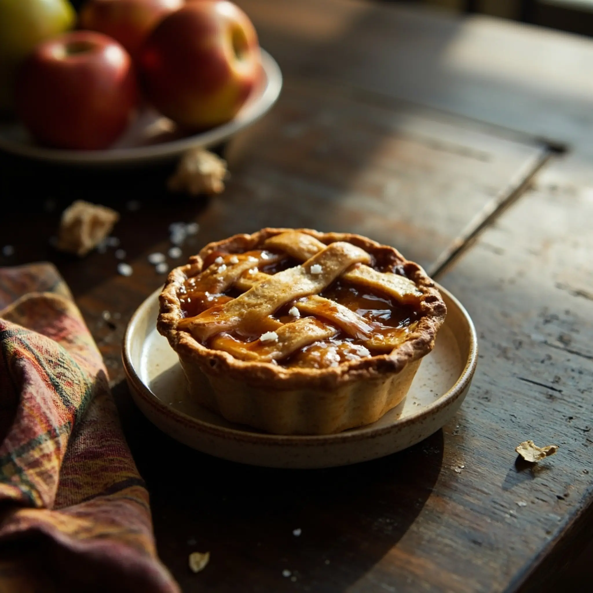 1 with on a of p small sprinkle salt apple mini and lattice pie sea caramel image top glistening drizzle plate