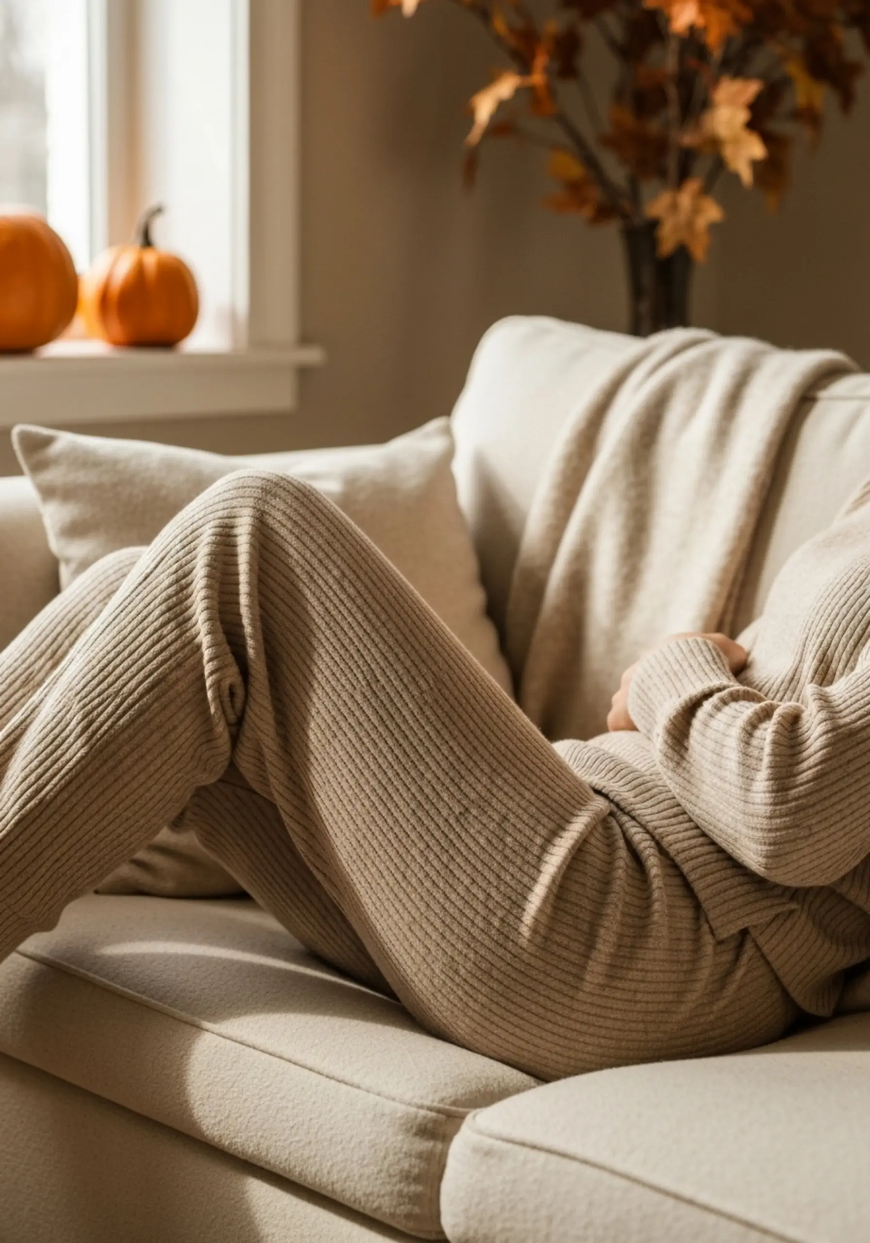 Beige woman lounge knit on a sofa p neutral wearing set cream in color image matching 1 colored ribbed relaxing