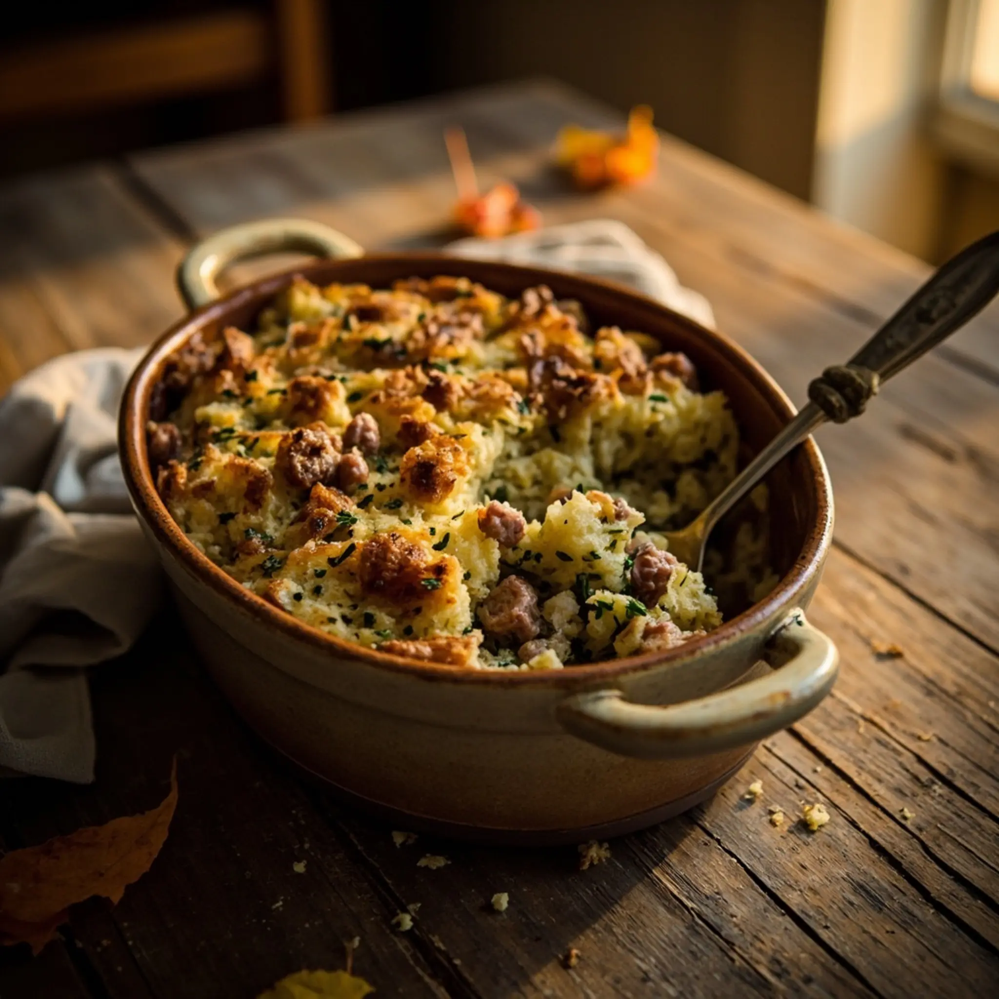 Herbs brown casserole interior with showing serving golden scooping stuffing a of moist spoon p the and sausage some out image dish filled rustic 1 bits