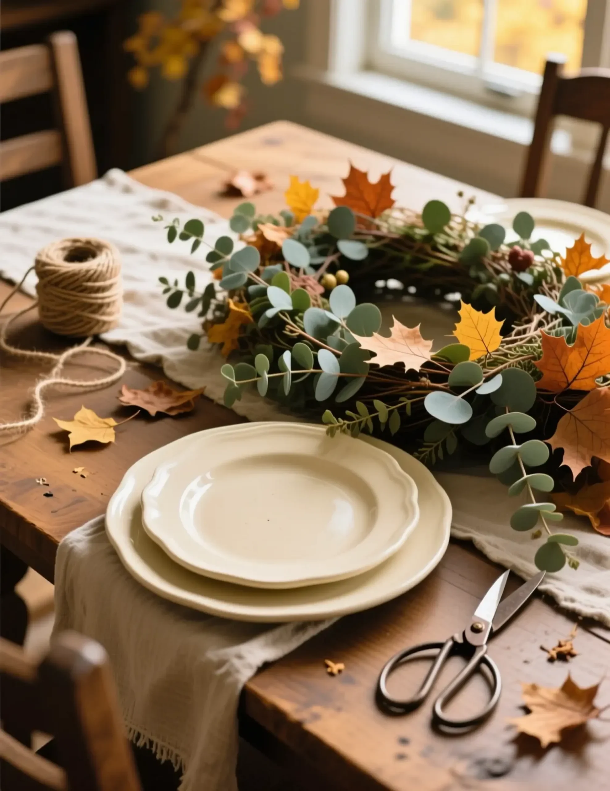 Heavy eucalyptus fall leaves center farmhouse a overflowing of p neutral tablecloth featuring the set cream and ceramic garland beautifully down image running linen long plates 1 colored table