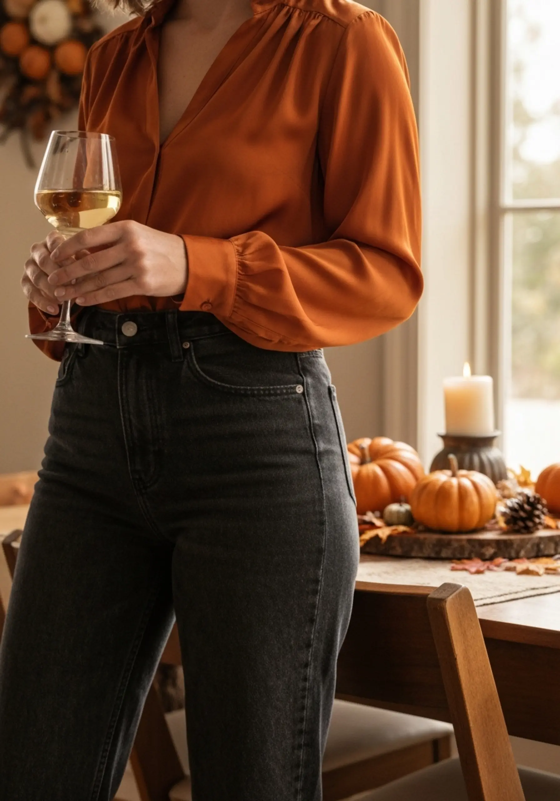 "15 'Casual Chic' Thanksgiving Outfit Ideas (When You're a Guest)" 1 Leg white woman jeans burnt dark orange blouse silky a of p wine wearing glass and wash straight image holding 1