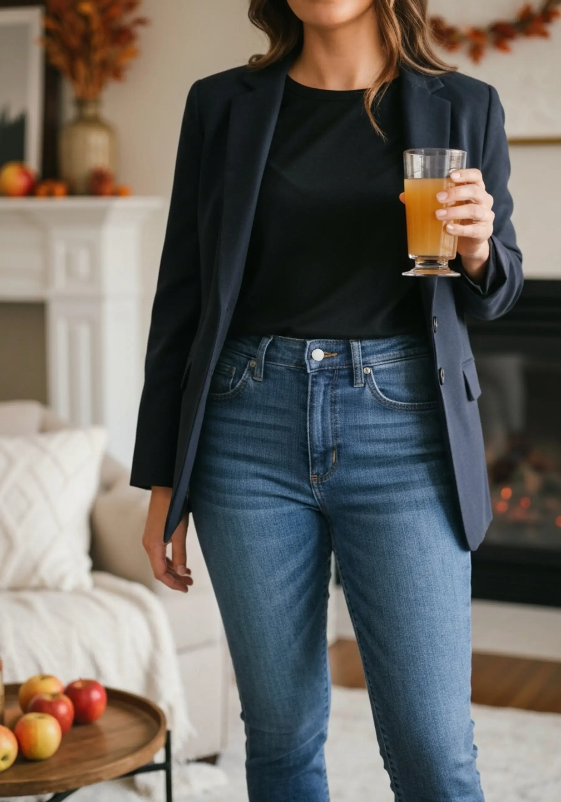 Cozy woman jeans black festive dark with room a sharp of p wearing confident blazer smile glass and in wash cider crisp image bodysuit navy holding 1