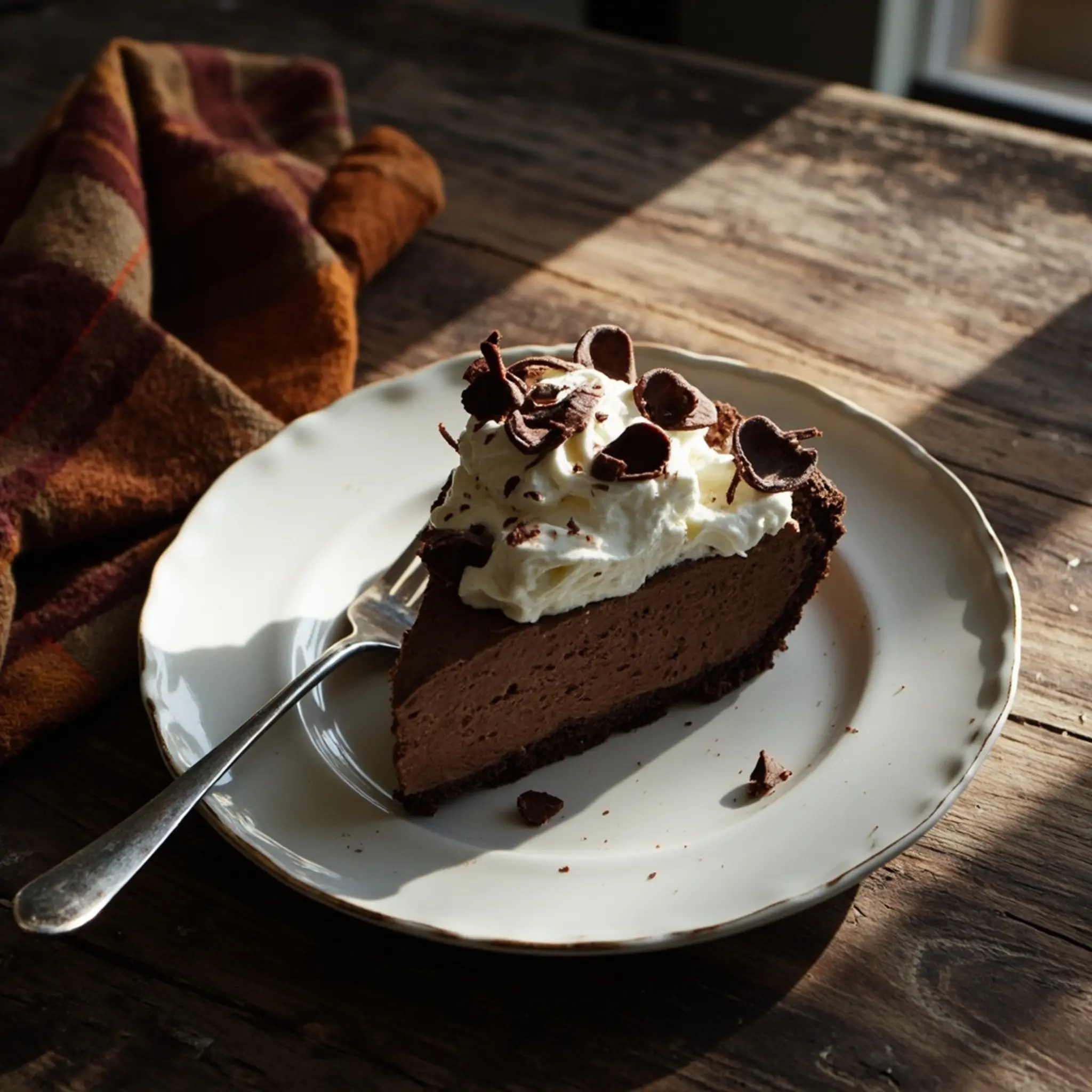 Perfect white 1 dark with on a whipped of p swirl chocolate the slice cream and pie topped dramatic image shavings plate