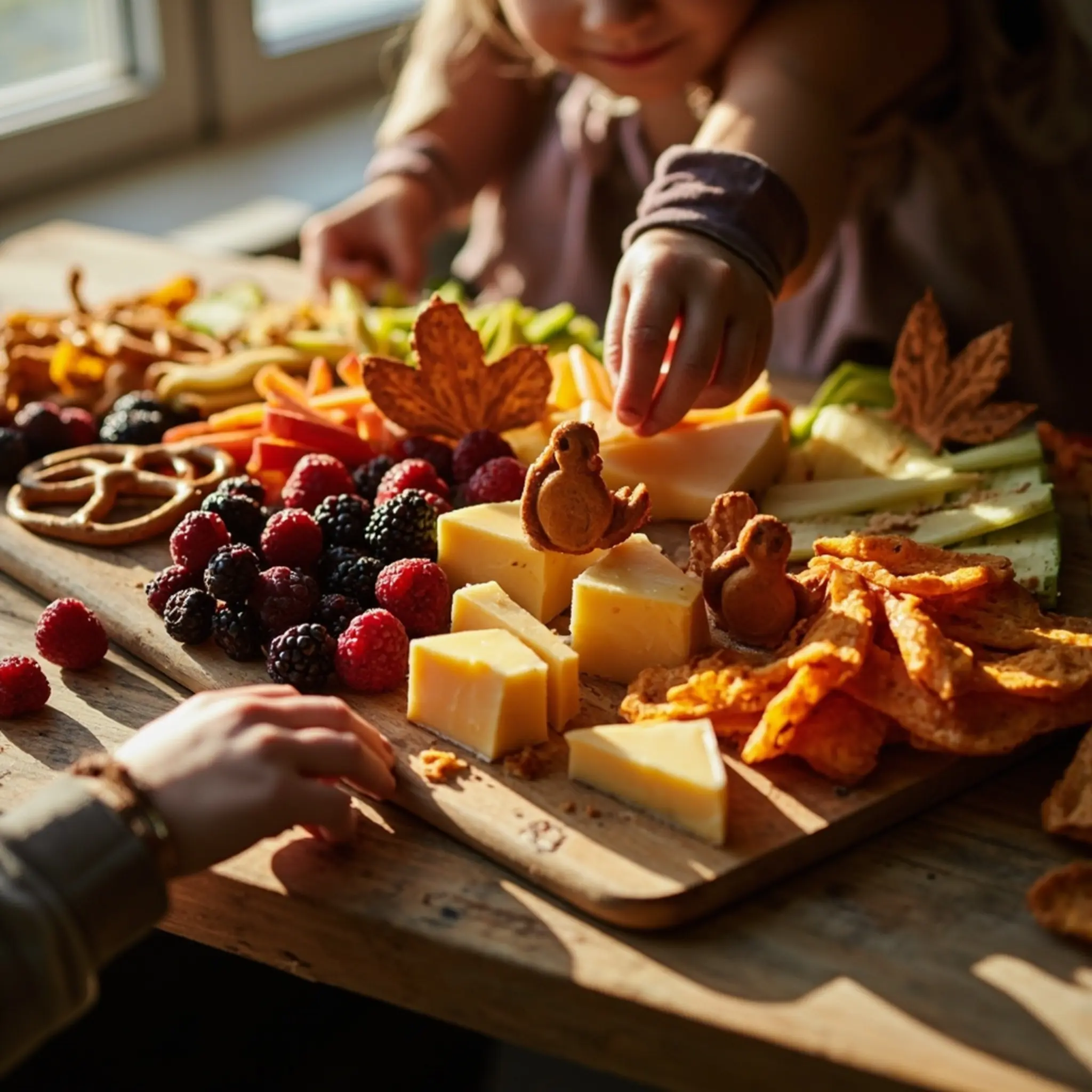 Board friendly hands kid with off a overflowing p small show and neatly colorful cubes image for large snacks cheese berries reaching wooden 1 sectioned