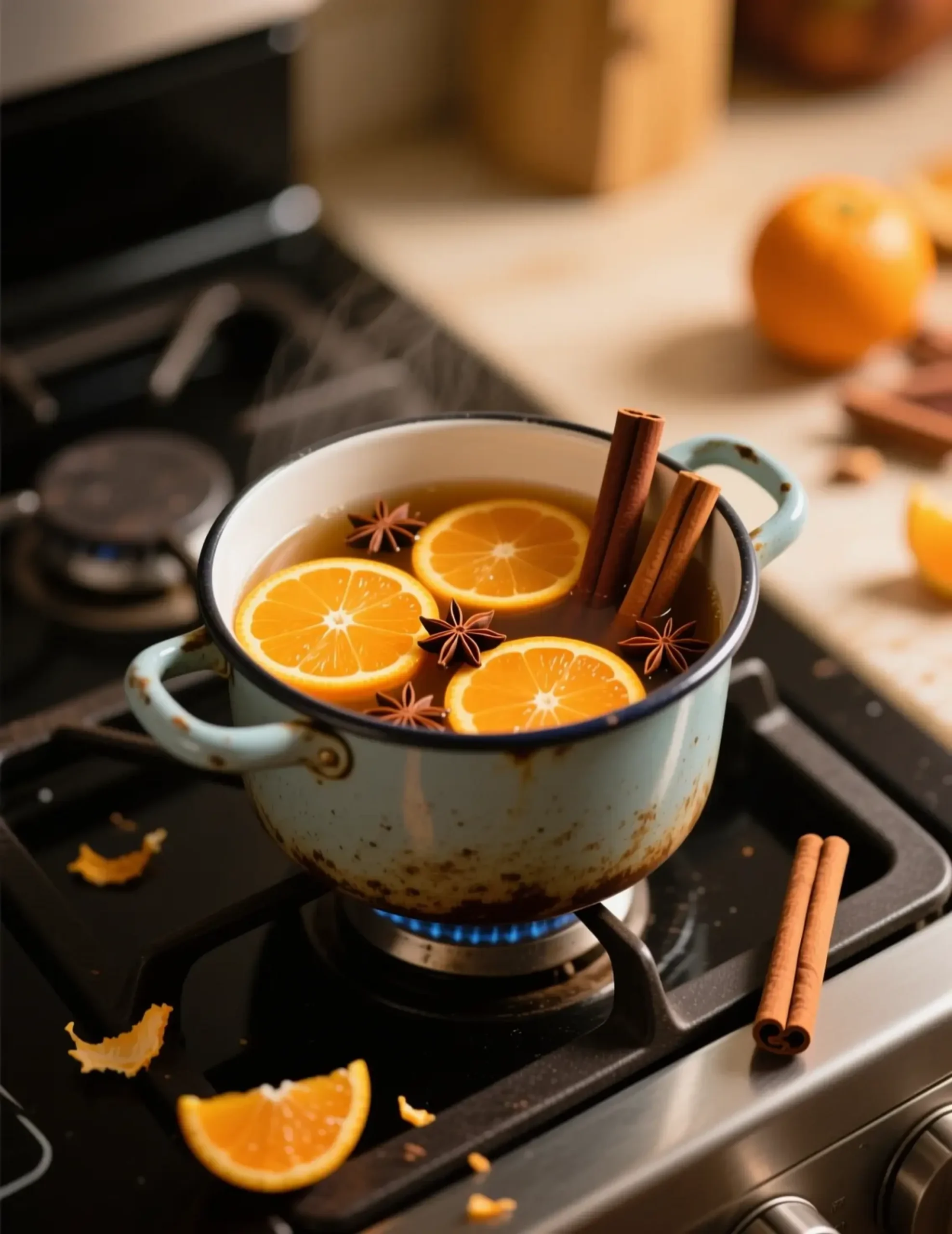 Filled sticks on a slices and pot cinnamon p 1 fragrant orange with image simmering stove rustic