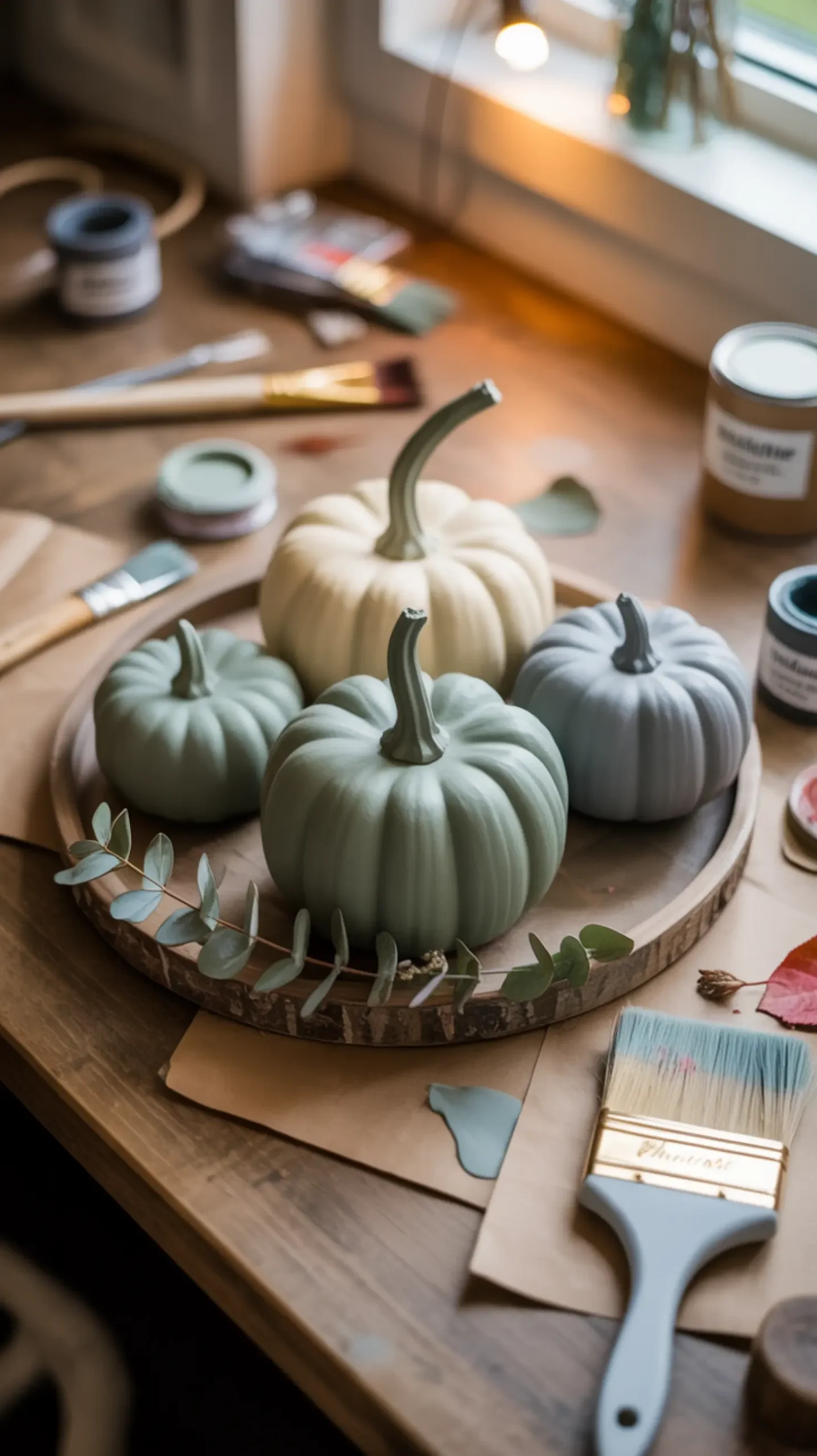 Eucalyptus foam with muted gray a on of p tray sprig chalk trio cream and sage pumpkins in styled image rustic wooden 1 painted