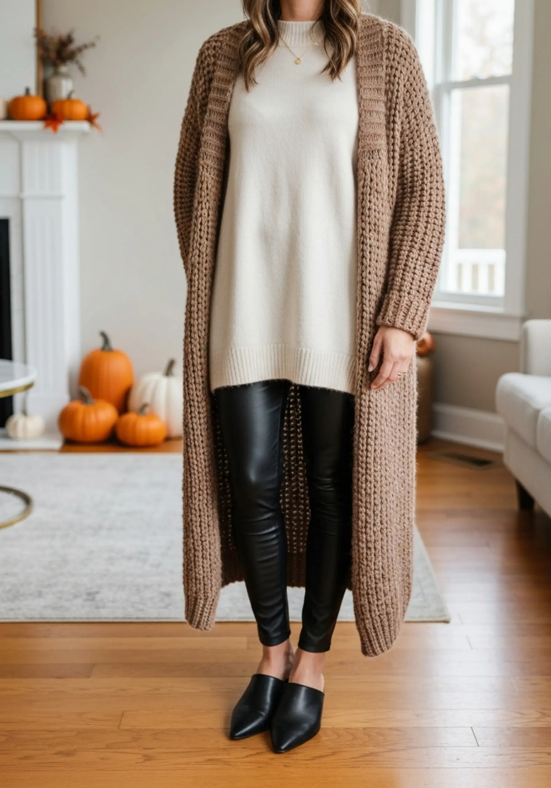 Cozy floor woman brown black with smiling cardigan confidently a leggings sleek p mules length cream and in leather image chic faux long 1 paired tunic
