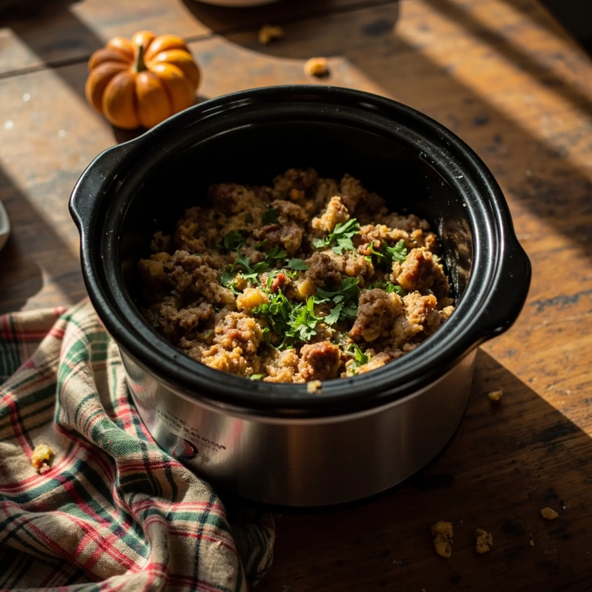 Parsley black fresh with serving stuffing having a of spoon p inside the just shot some ceramic is scooped down out crockpot image resting top insert 1 garnished