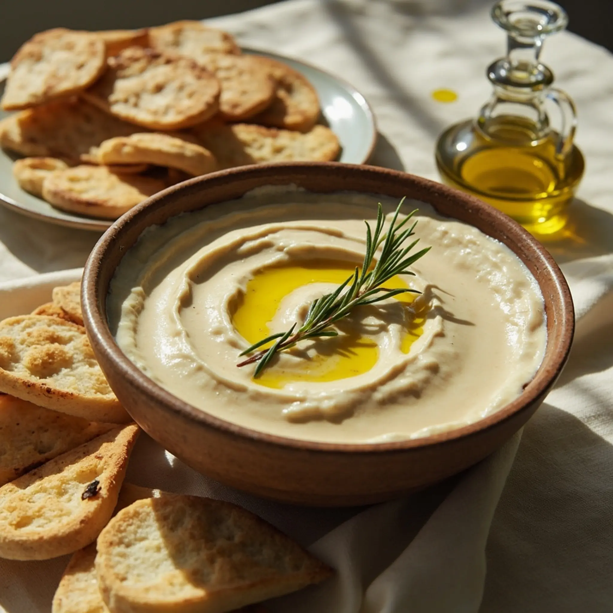 Bread white oil fresh with 10 a olive of smooth spoon p dip sprig the pita and swirled served image drizzled bowl rosemary garnished