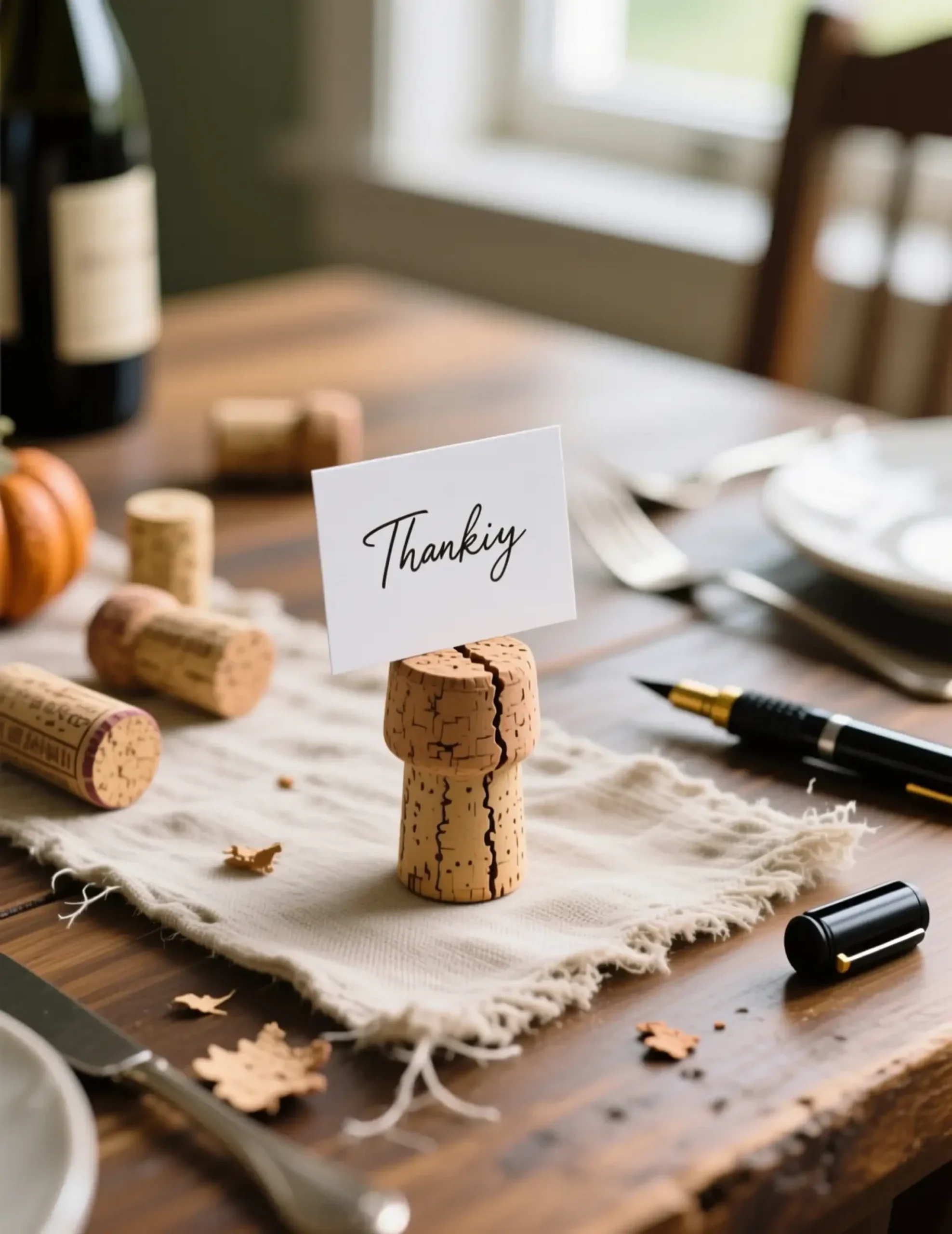 White cork card with calligraphy name 10 a on up written of p small wine close in its image end holding standing place