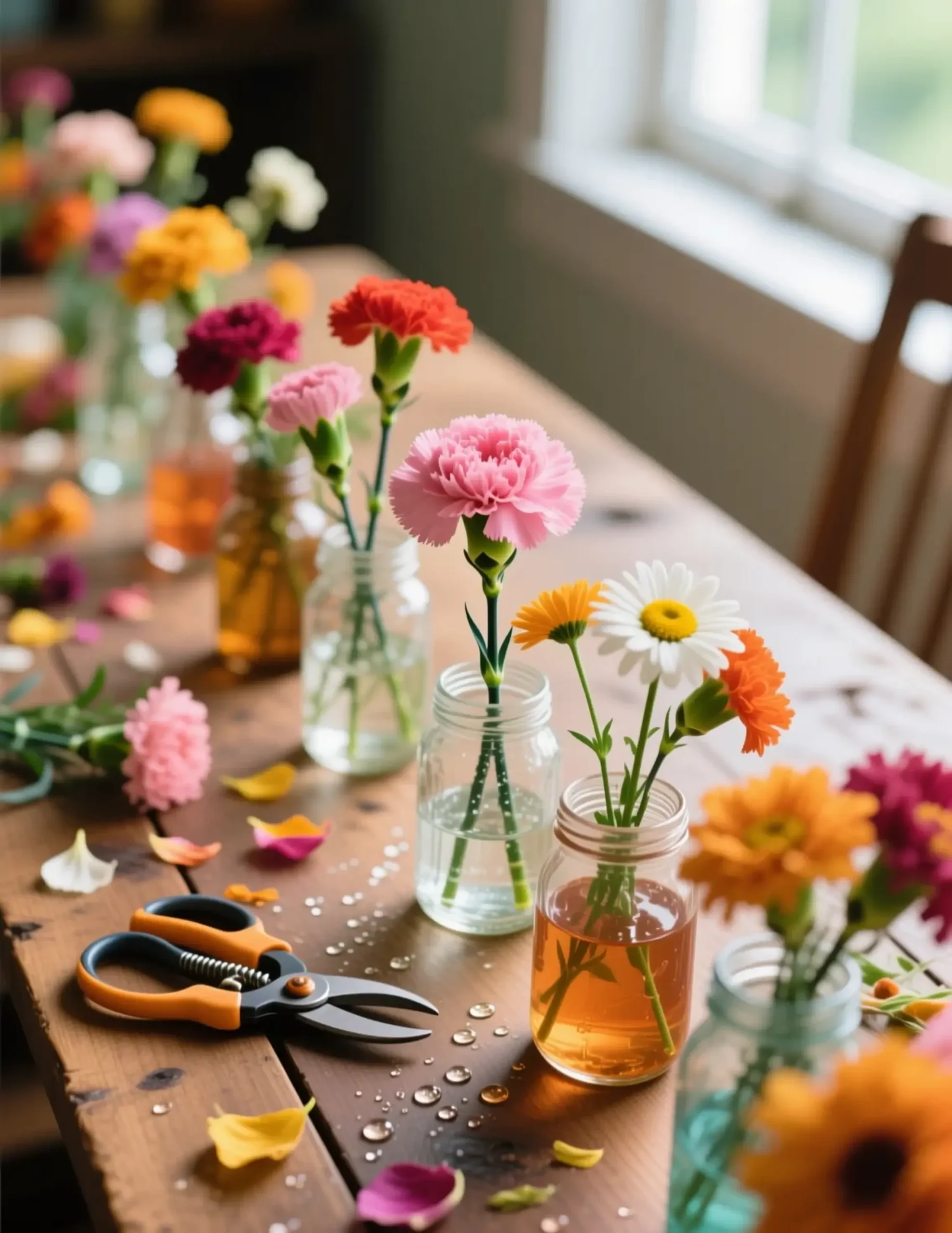 White daisies bud line like 10 a stems of each p small or simple the solid mums glass and one are vases colorful down image carnations running two mismatched plates holding table jars