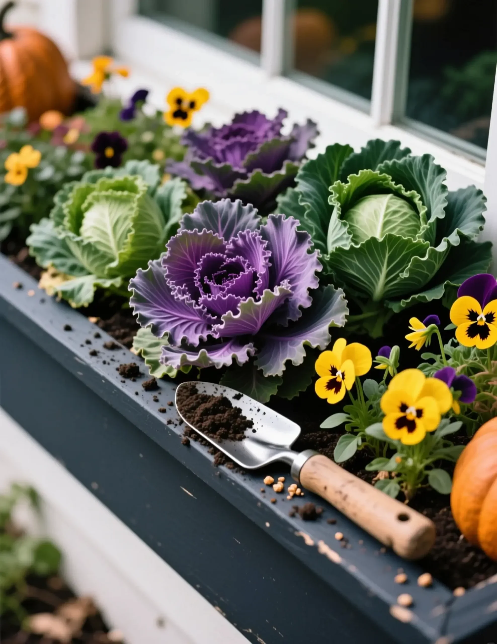 Vibrant purple cabbage pansies with ornamental 10 a box of p kale and green image window mix few yellow planted