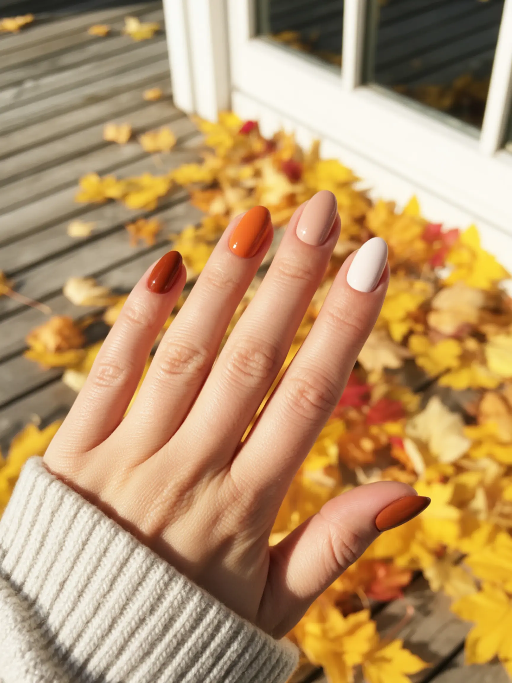"15 Adorable Pumpkin Pie Nail Designs for Fall" 10 Beige white hand brown warm orange showing different colors 10 a creamy p the and one is four nail image pumpkin pinky