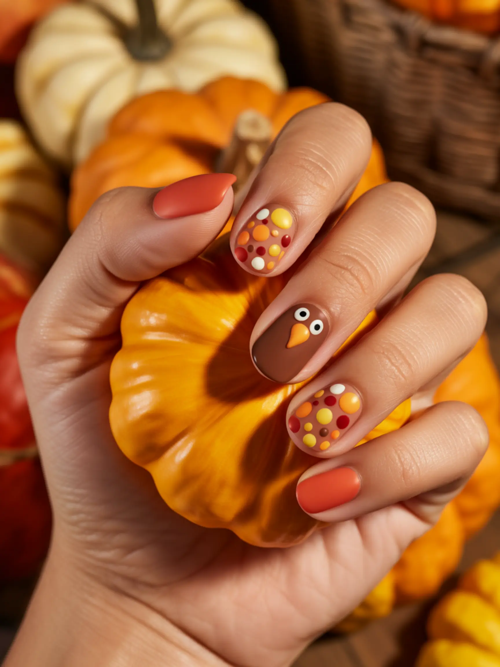 White forms eyes dots body brown entirely orange with made 10 a of p dot featuring the and it turkey nail out image fanned for large tiny two tail red yellow behind