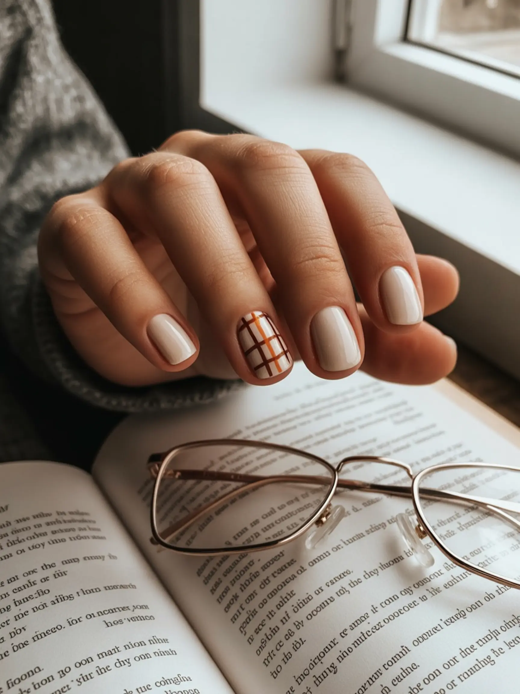 Brown design base horizontal orange with line middle 10 a on short thin p simple the manicure cream and one vertical image finger plaid nails has