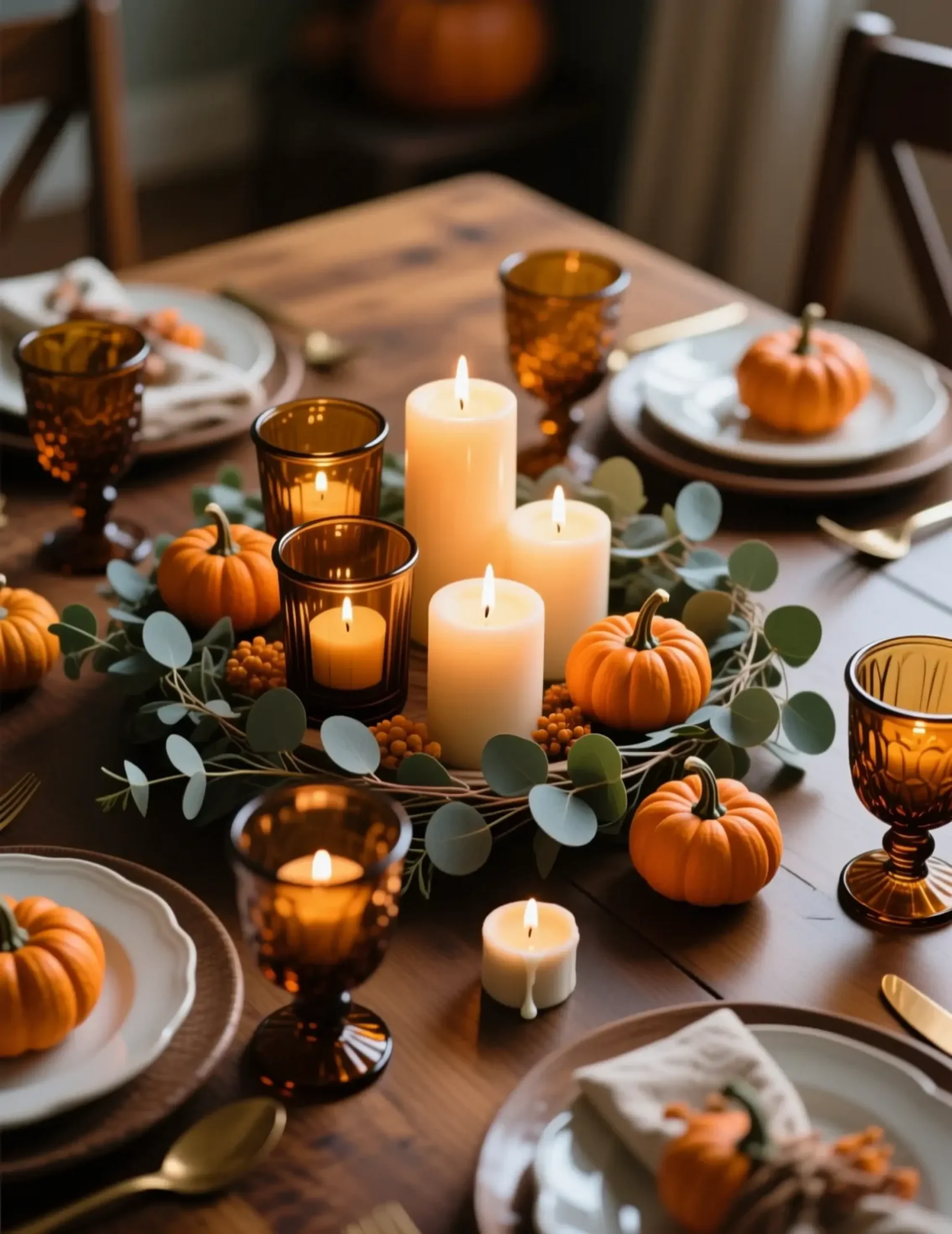 "5 Things to Put Away (And 5 to Add) When Decorating for Thanksgiving" 10 Glowing center with holders 10 a of p tablescape the glass candles in amber beautiful down row image running