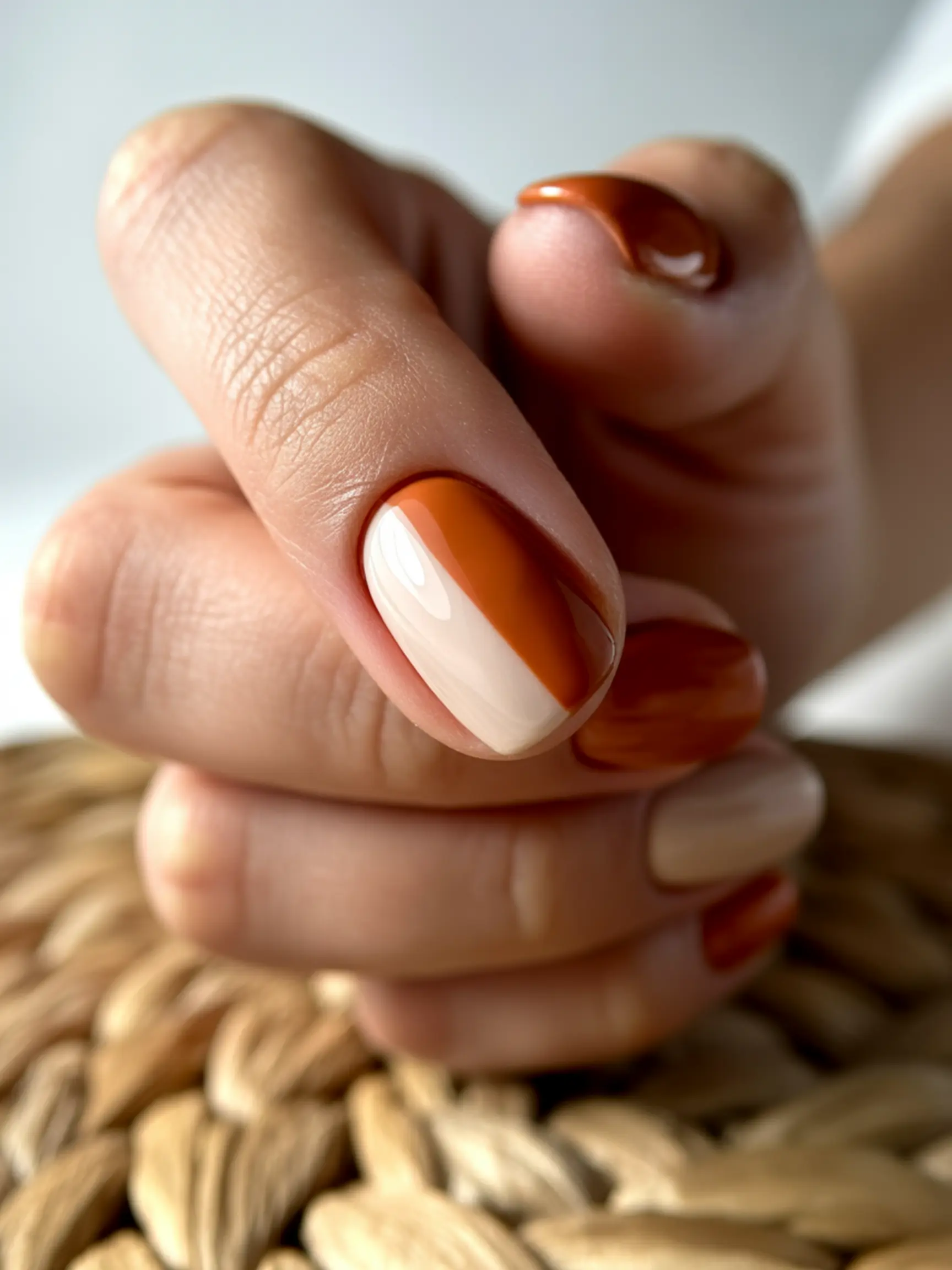 Orange with line diagonal on a 11 separating up sharp of short p side the other cream and one close nail color image terracotta painted