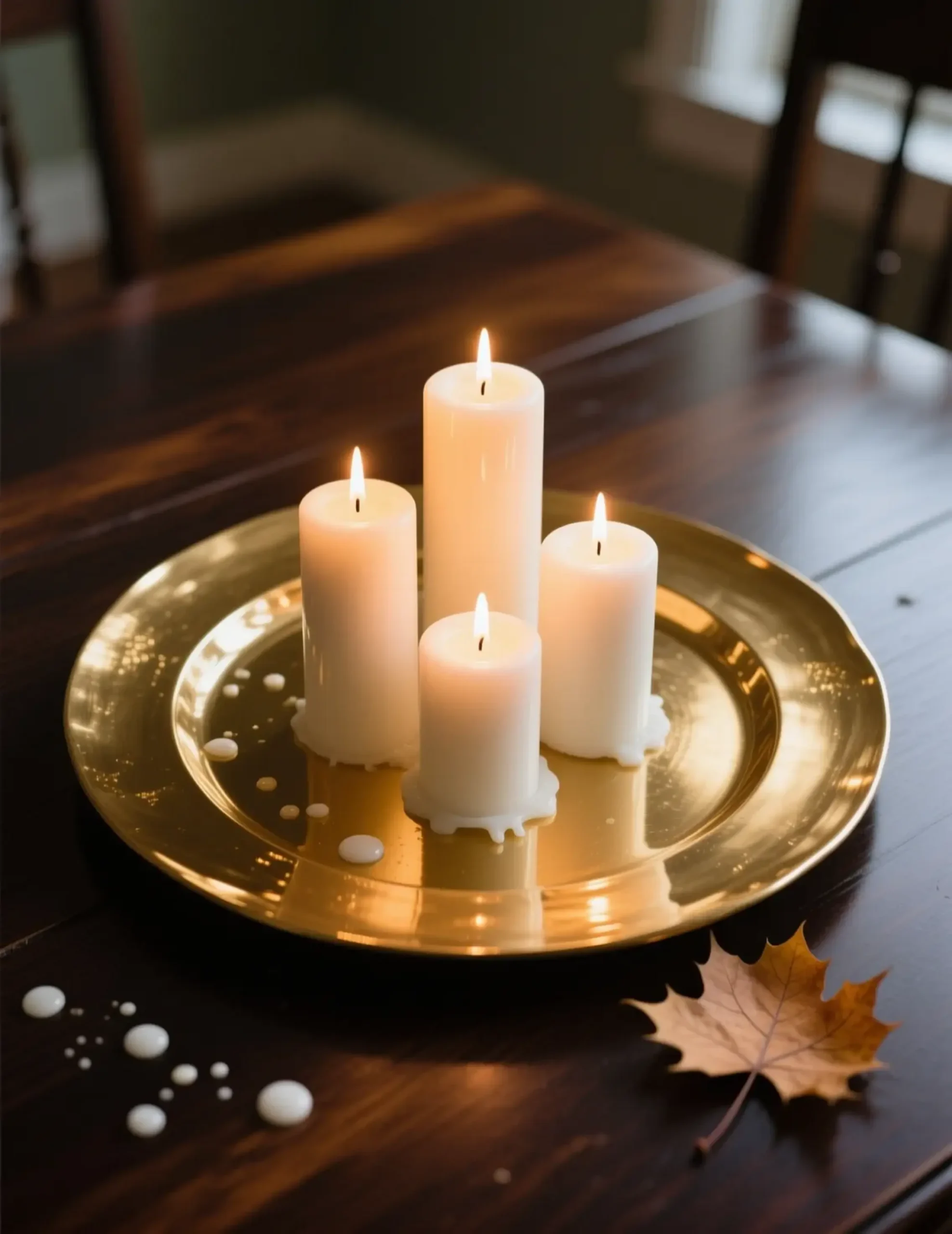 White candlelight with charger middle a 11 of p the heights gold arranged varying candles reflecting in beautifully image pillar plate three