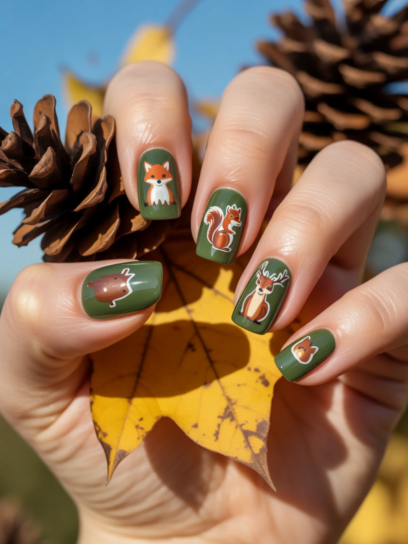 "15 Thanksgiving Nail Sticker & Decal Ideas for the Easiest Mani Ever" 11 Different like on 11 a woodland animal each p or featuring manicure cute an squirrel nail green image sticker fox earthy