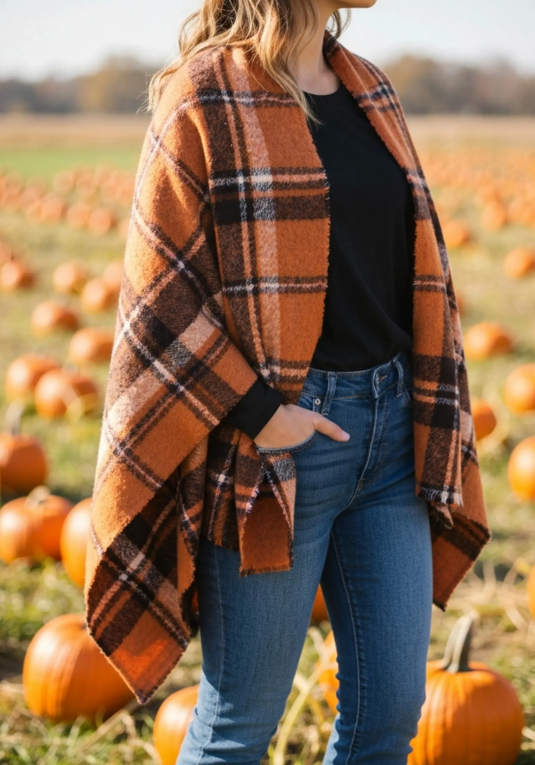 Autumn poncho woman black jeans colors 12 a sleeve p wearing simple and tee over in beautiful image long plaid