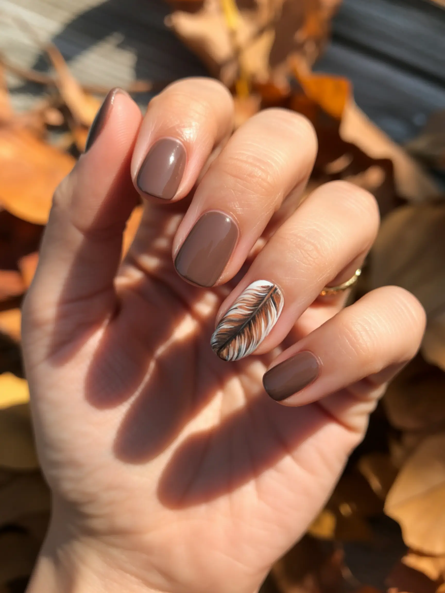 "20 Cute Turkey Nail Art Ideas for Thanksgiving (That Aren'T Tacky)" 12 While intricately features detailed 12 a feather p stunning the solid are accent nails turkey four color image ring finger taupe painted