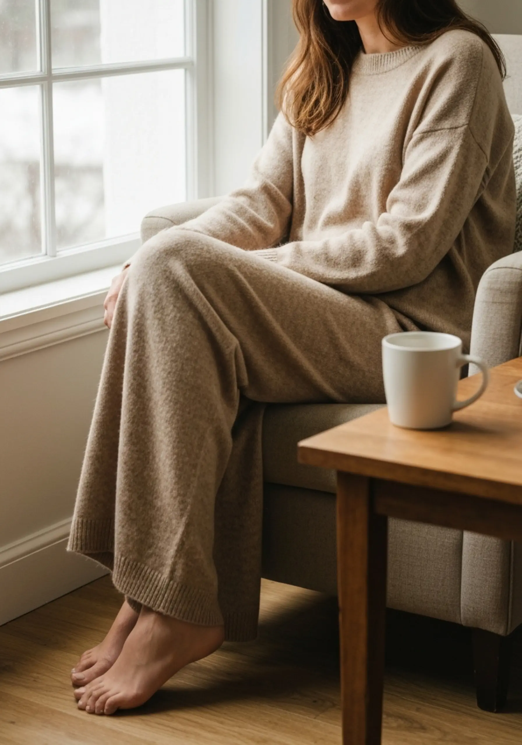 "15 'Casual Chic' Thanksgiving Outfit Ideas (When You're a Guest)" 12 Beige leg woman sweater knit looking 12 wide a relaxed p set and in image chic pants matching