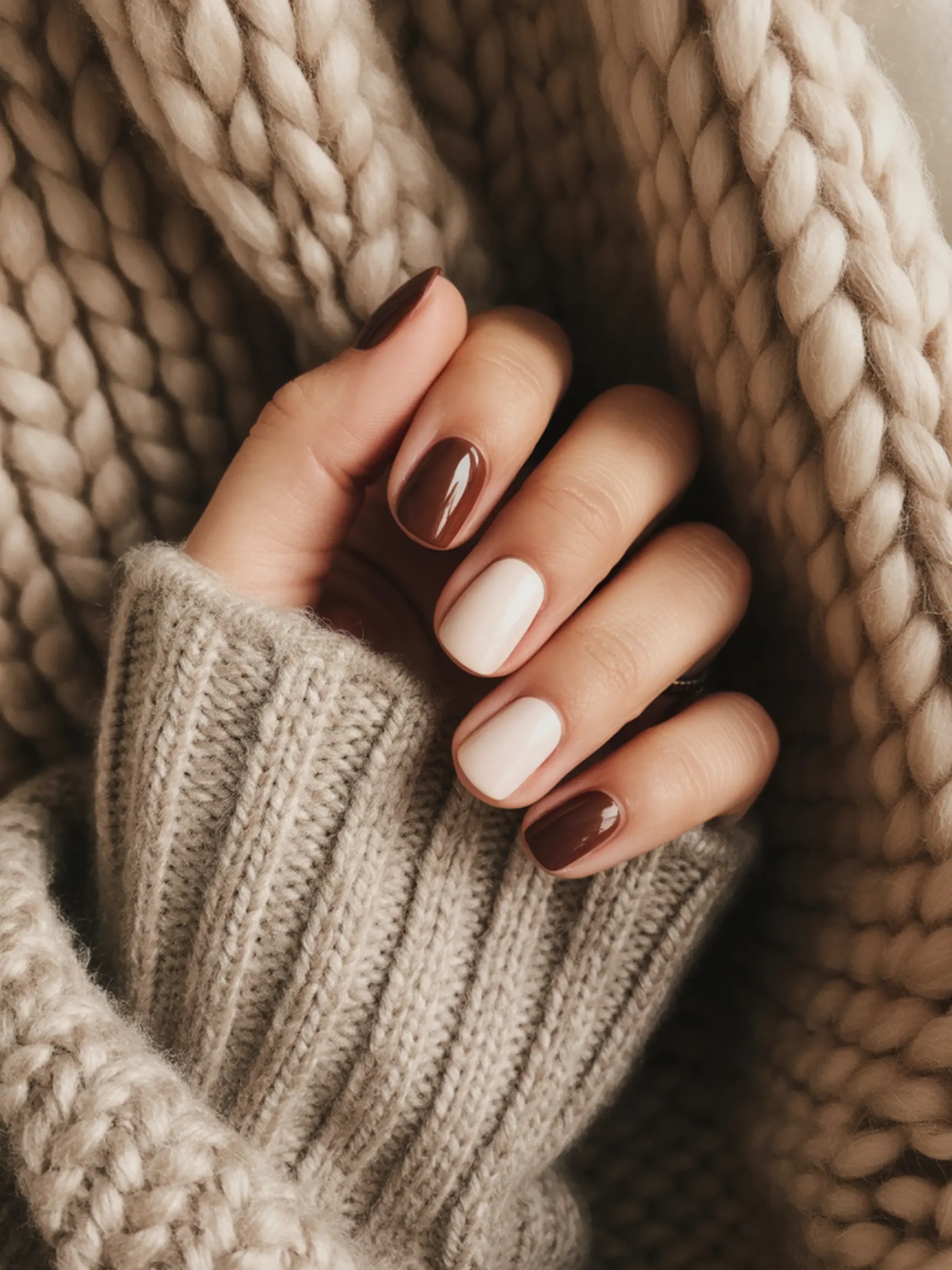 White colors off 13 a and deep brown alternating of in creamy p chocolate nails image painted