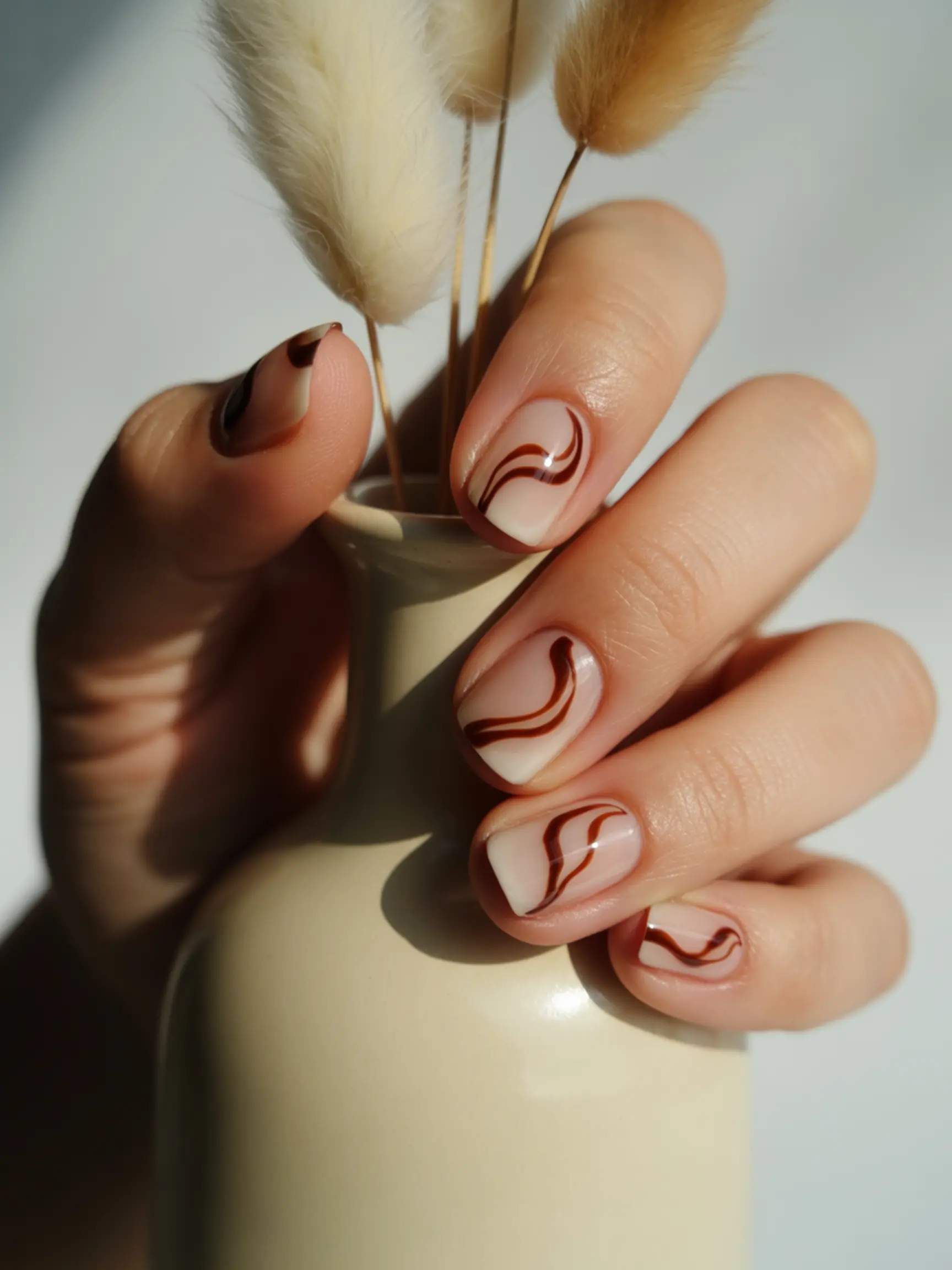 Polish across flows abstract brown design base creating dark with minimalist 13 a sheer nude of short each p swirl single and nail image light elegant nails