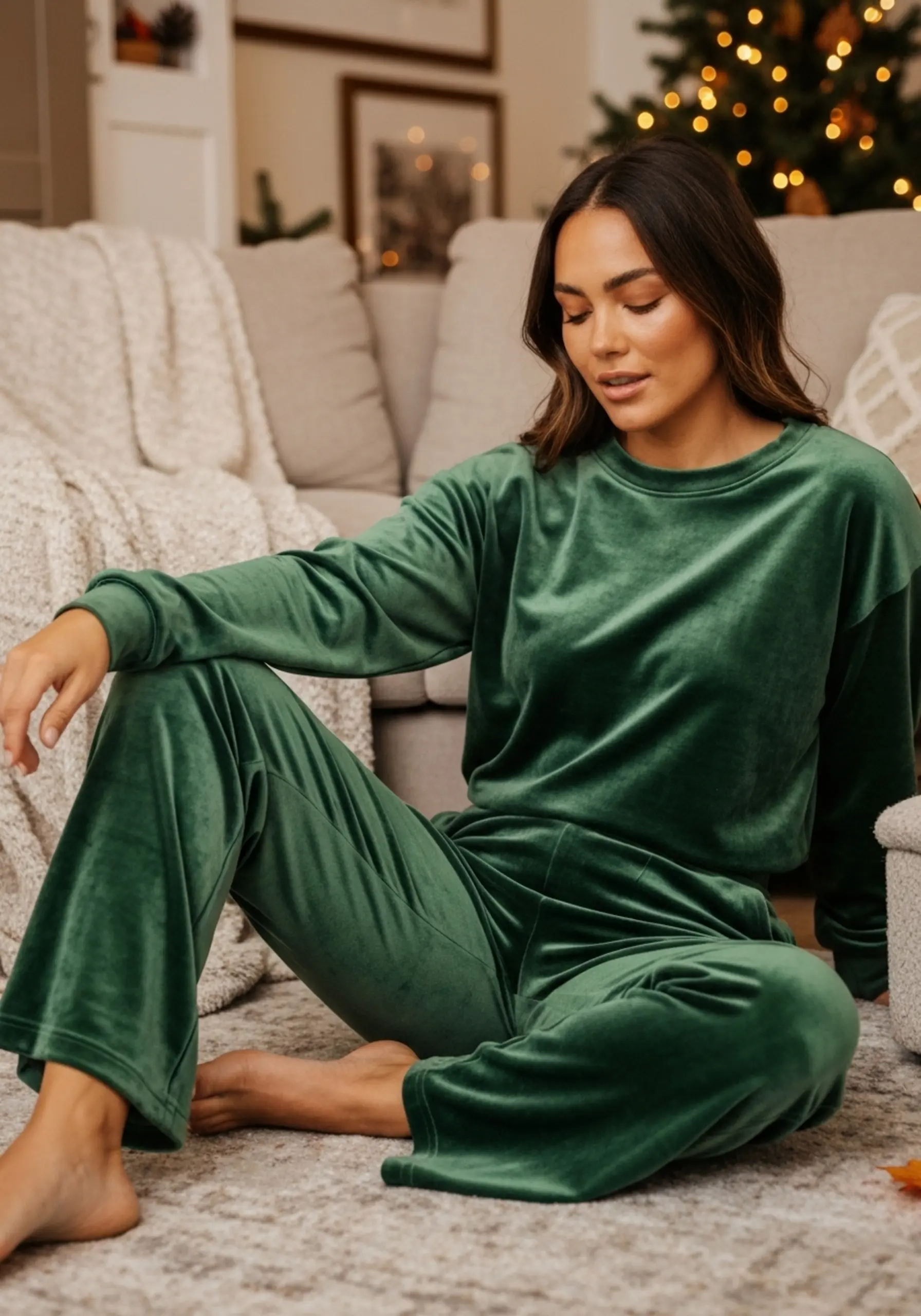 Leg cozy pants set 13 wide a and deep sweatshirt matching of trendy p velour green image