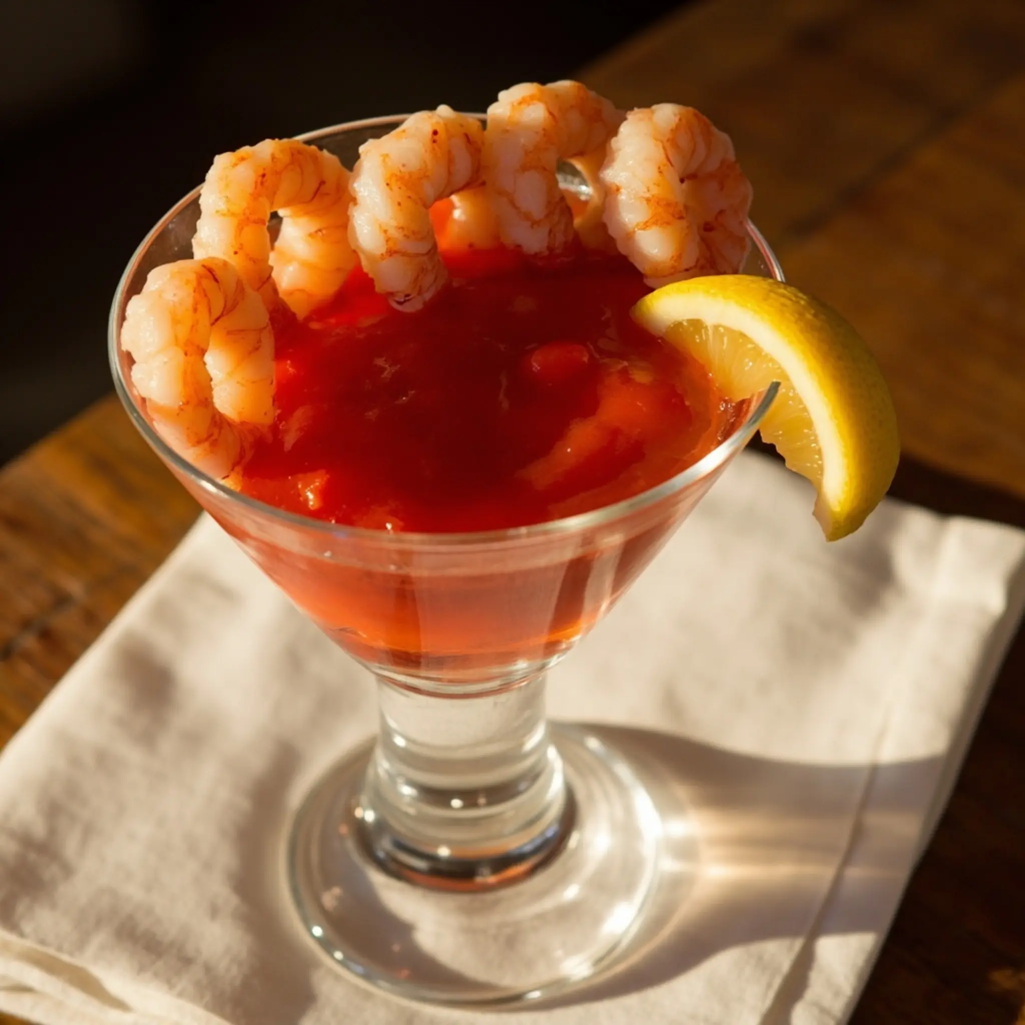 Wedge perched classic with 14 on a of edge p the sauce cocktail glass martini over is rim image filled large lemon shrimp hanging red