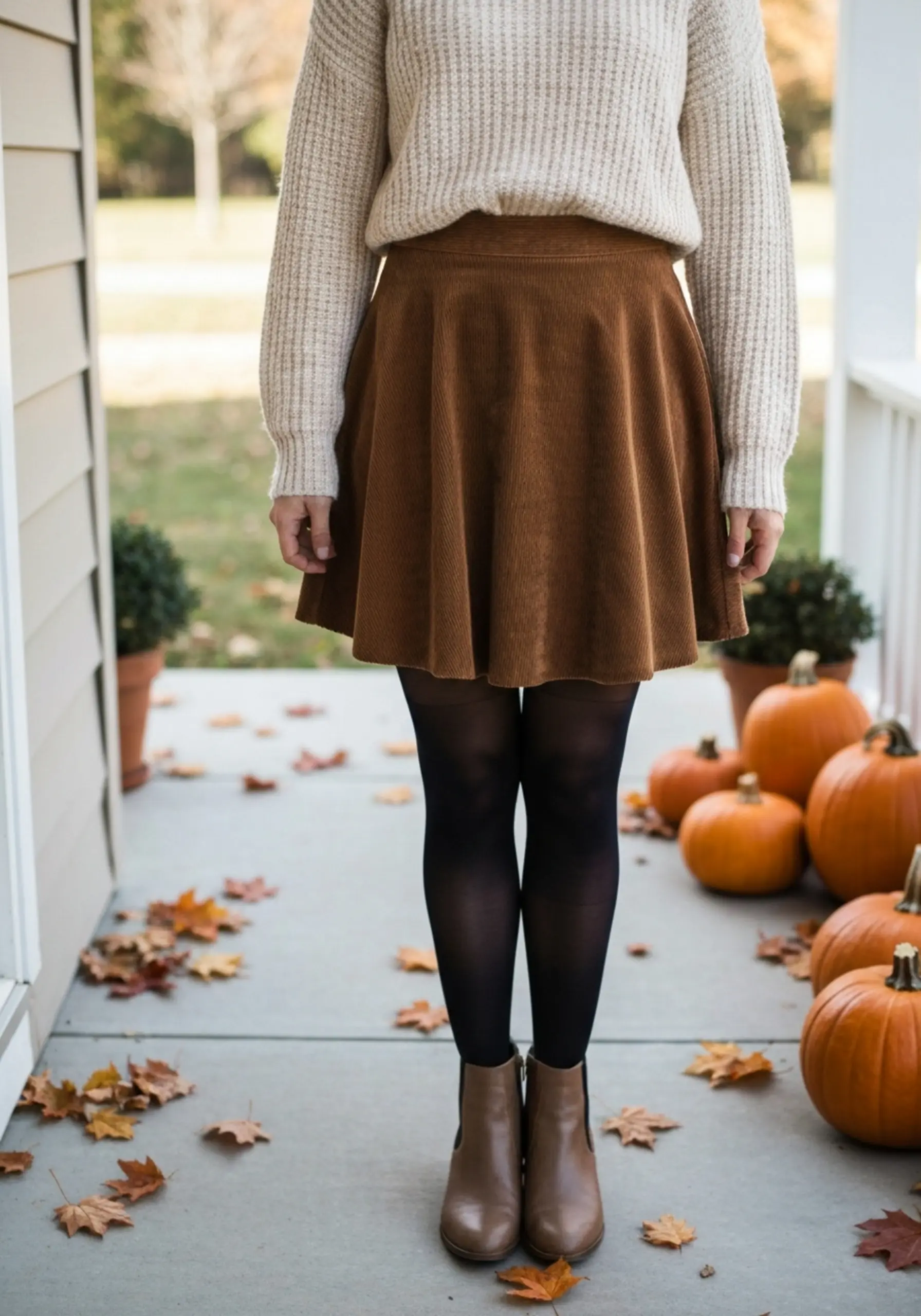 Brown black fall sweater boots outfit with corduroy 14 a skirt p ankle cute skater cream and tights tucked in image colored
