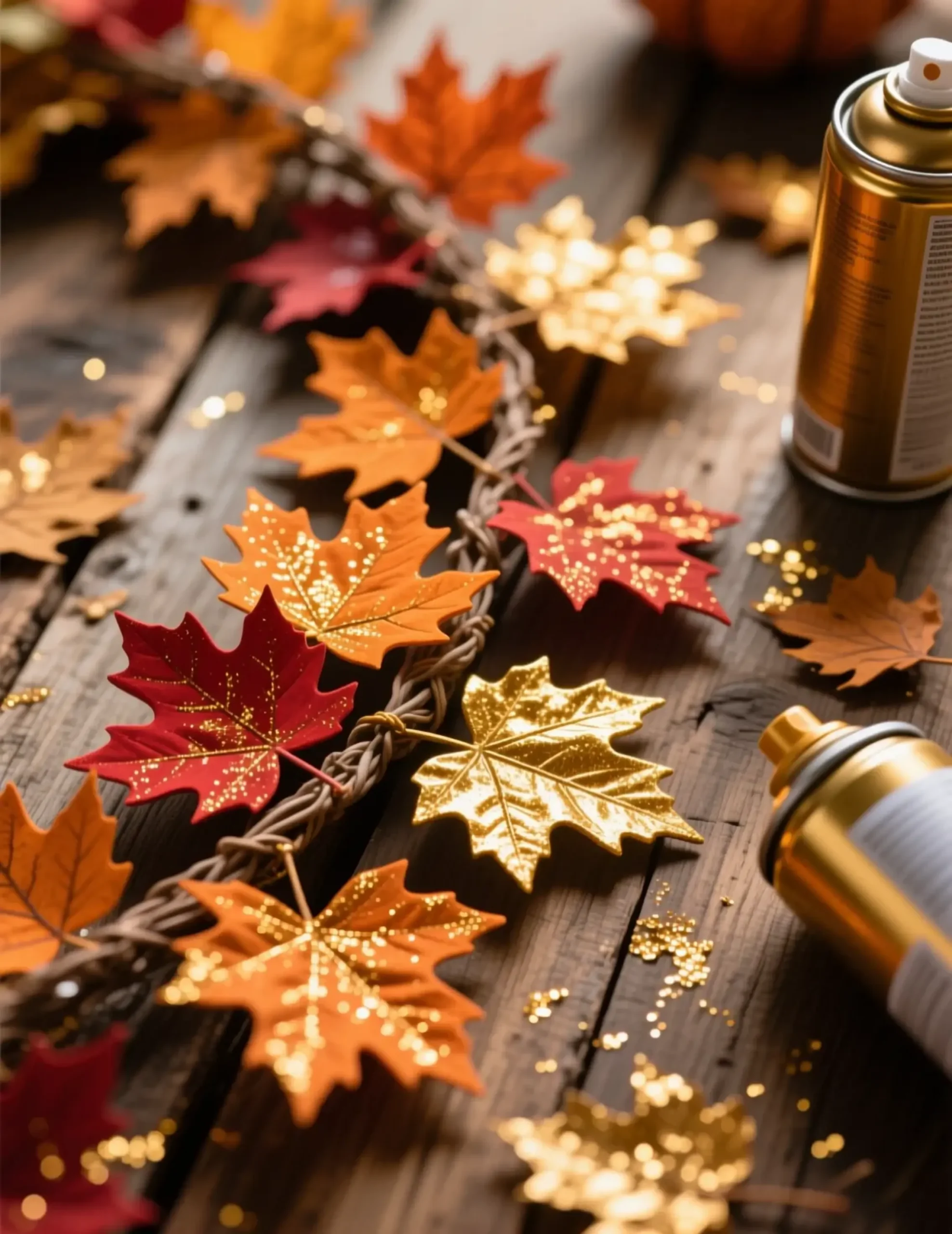 Autumn them mantel leaves with 14 spray a p giving subtle the dusted draped gold over lightly in garland shimmer image faux leaf paint