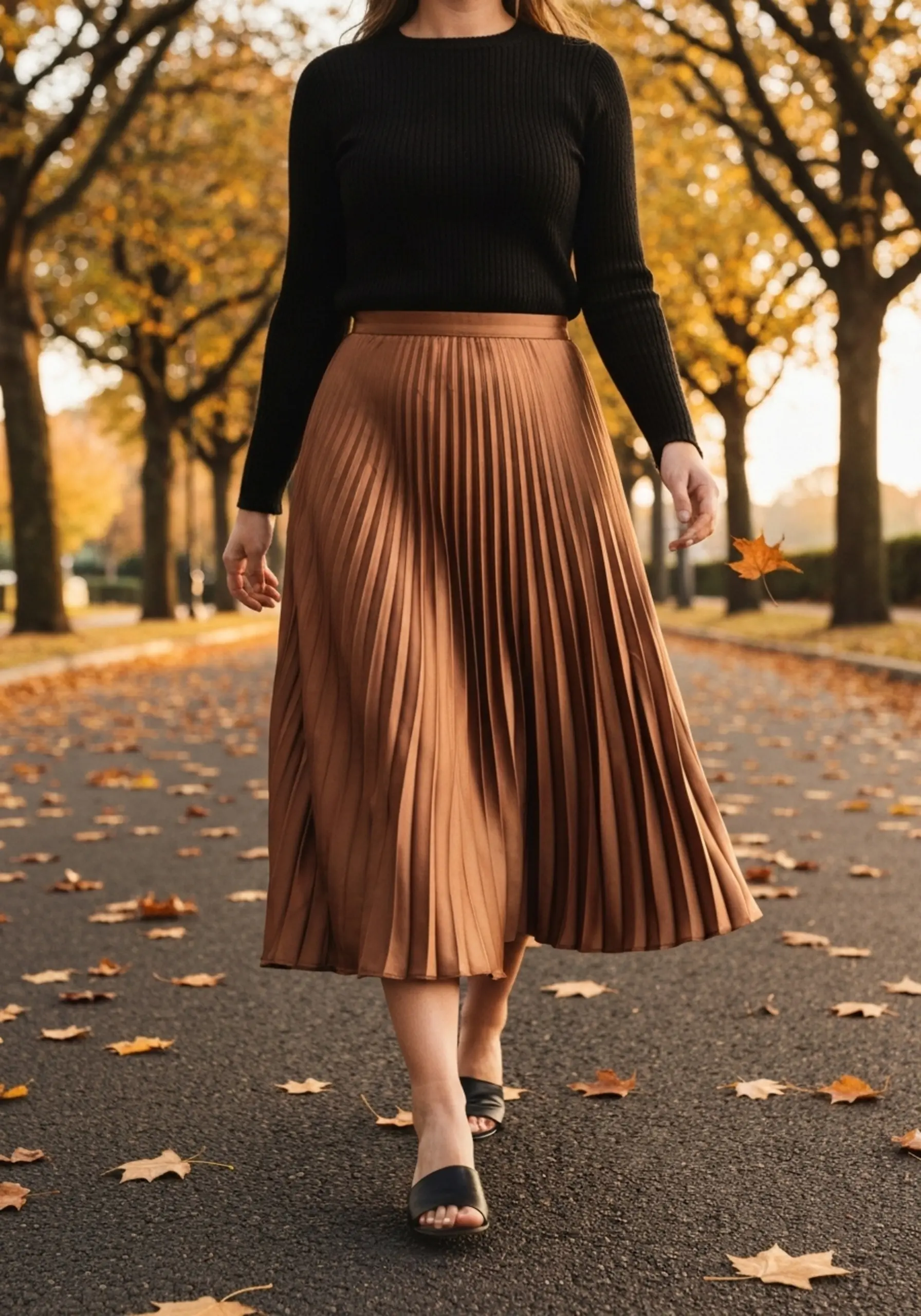 "15 'Casual Chic' Thanksgiving Outfit Ideas (When You're a Guest)" 13 Autumn graceful woman black leaves sweater with midi 14 a of skirt satin p walking street shot and in down image fitted pleated
