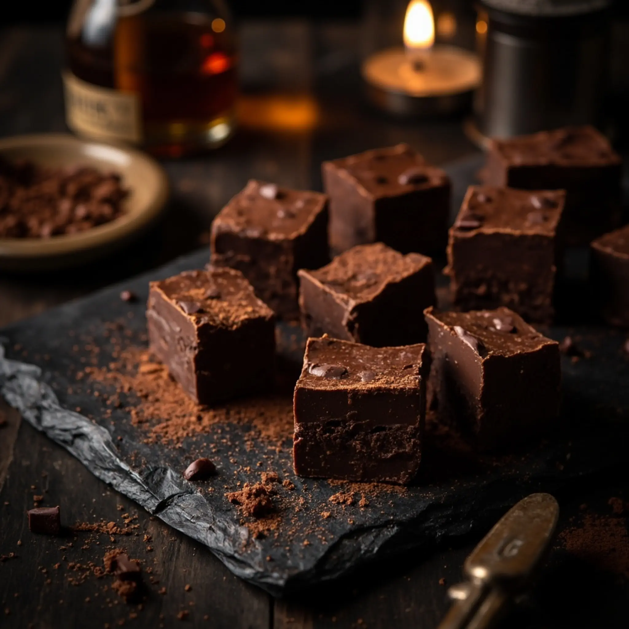 Fudge dark with squares 14 on a of p chocolate dusted slate arranged neatly cocoa image cut platter powder