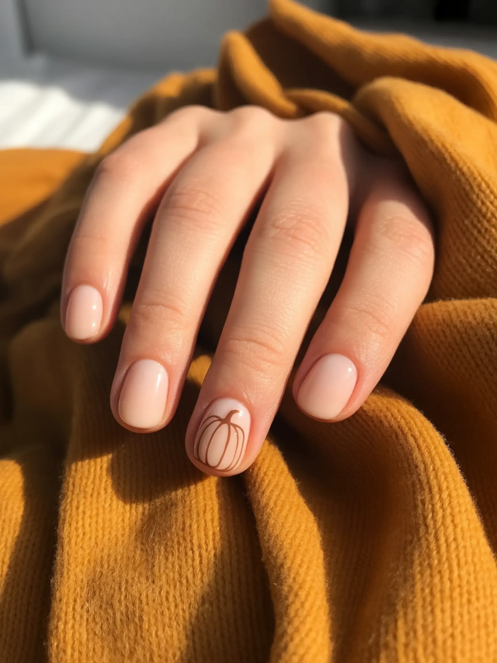 Brown features center delicate 15 on a nude of short thin p small the manicure in image ring outline pumpkin finger nails painted