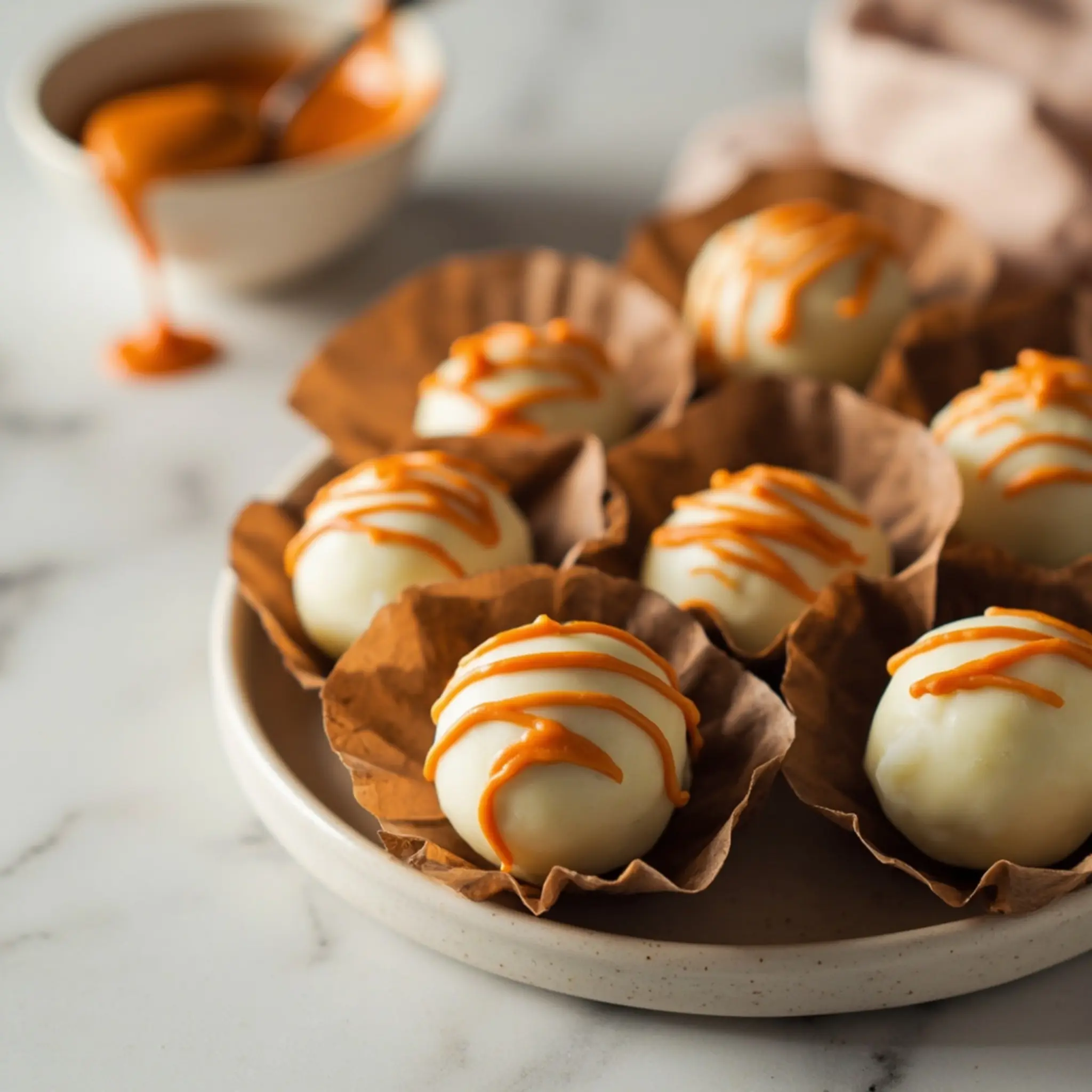 White liners truffles orange delicate with 15 on a of p chocolate mini in row image resting paper top drizzle