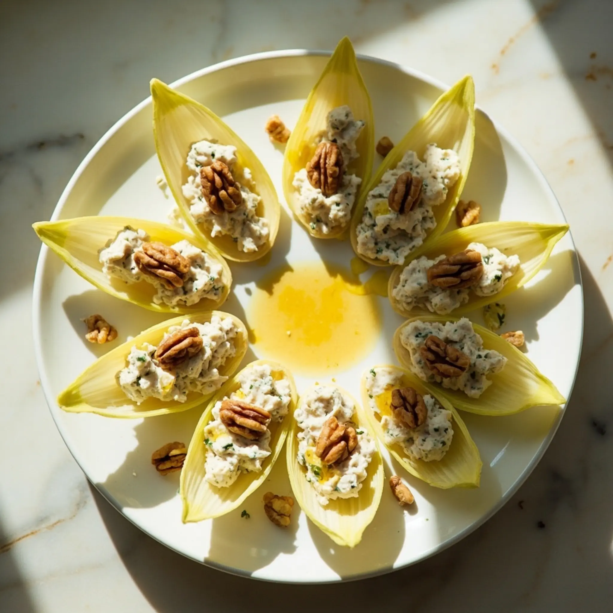 Petals with like 15 on a endive each spears p the arranged walnut and mixture pale image filled blue platter cheese flower yellow
