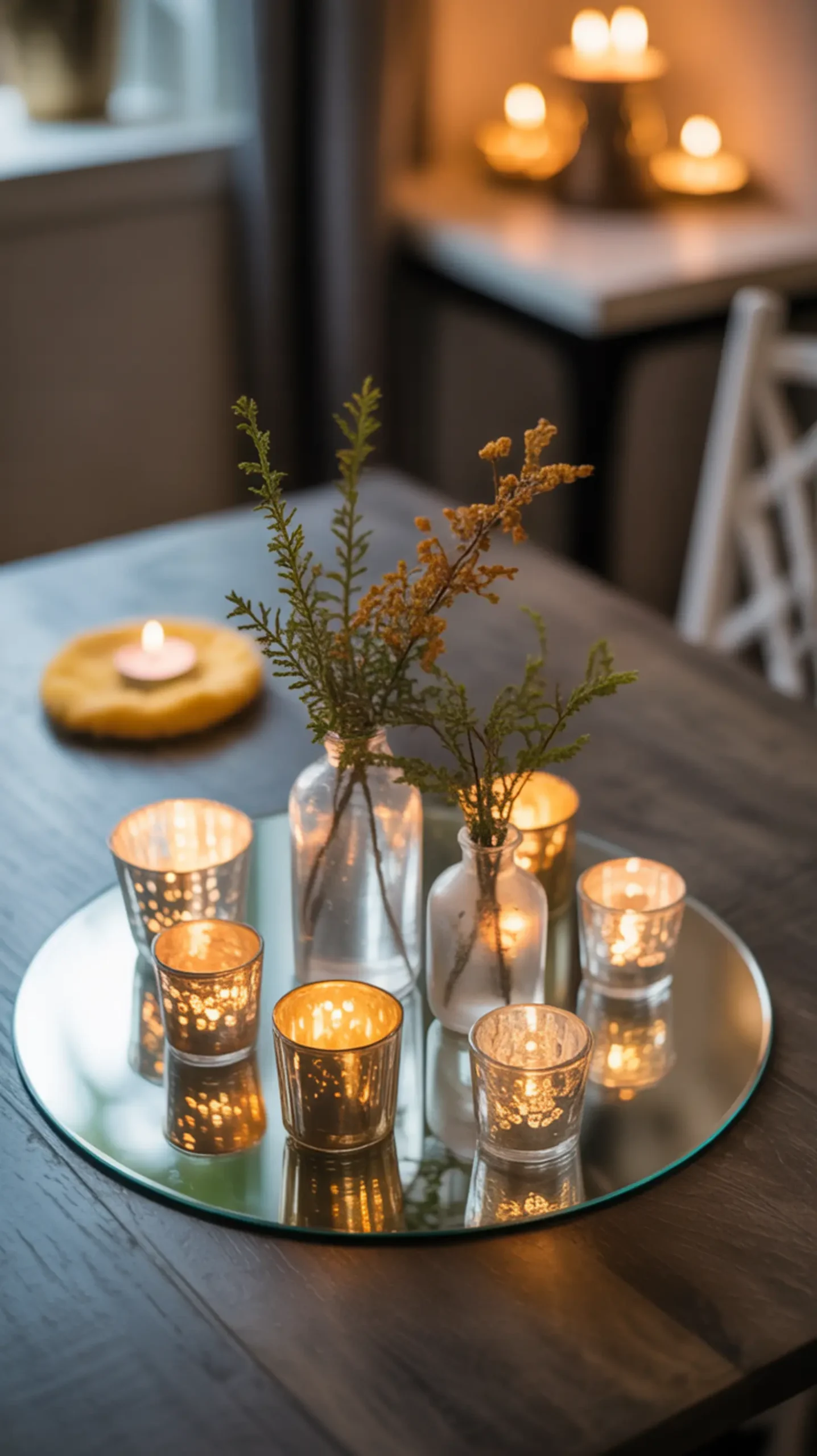 Collection mirror center 16 on a of p small the glass arranged and in vases mercury image faux dining round votives table