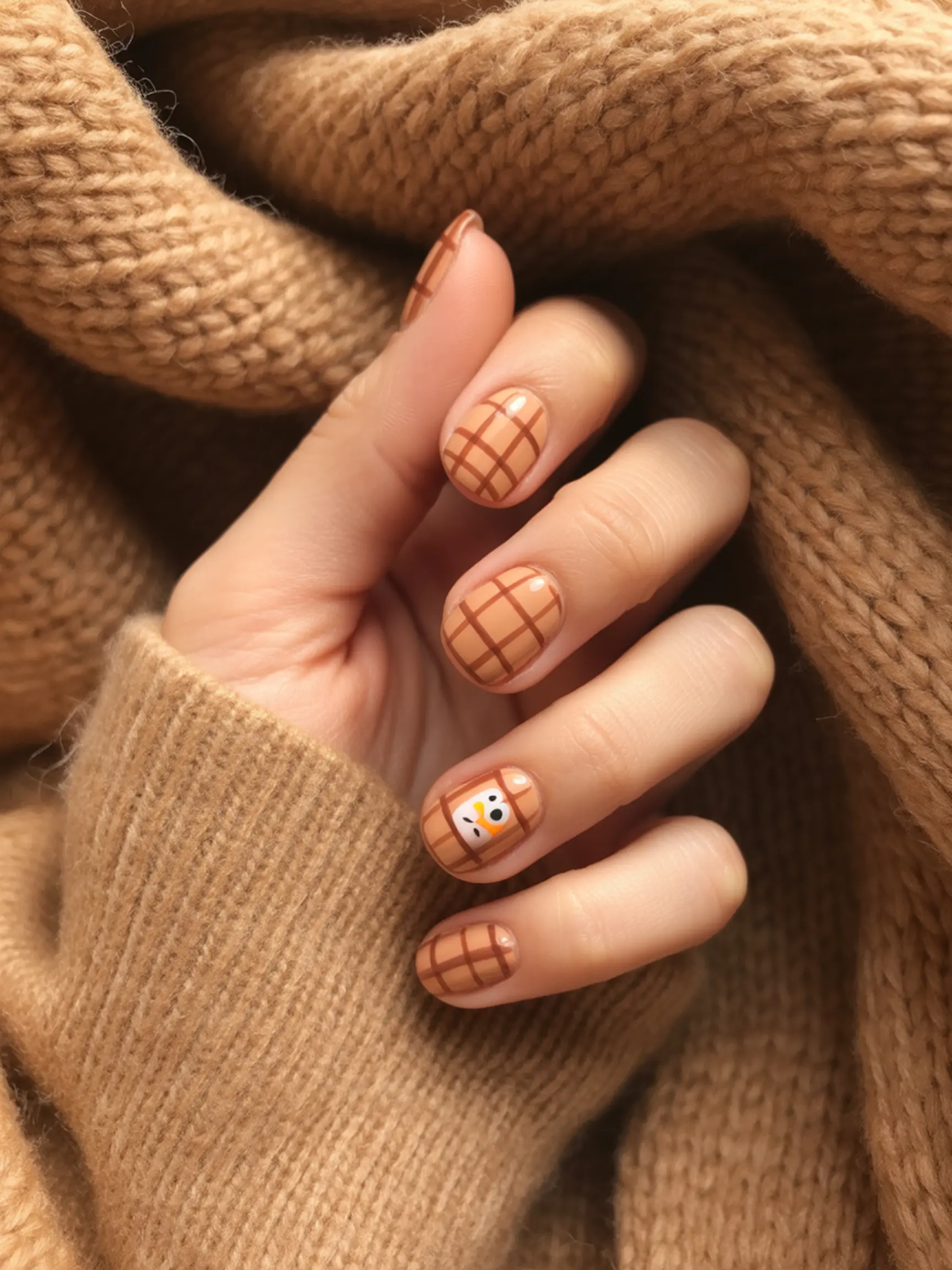 "20 Cute Turkey Nail Art Ideas for Thanksgiving (That Aren'T Tacky)" 16 Brown orange with minimalist squares 16 a face of p the and one within turkey nail image pattern tiny plaid hidden