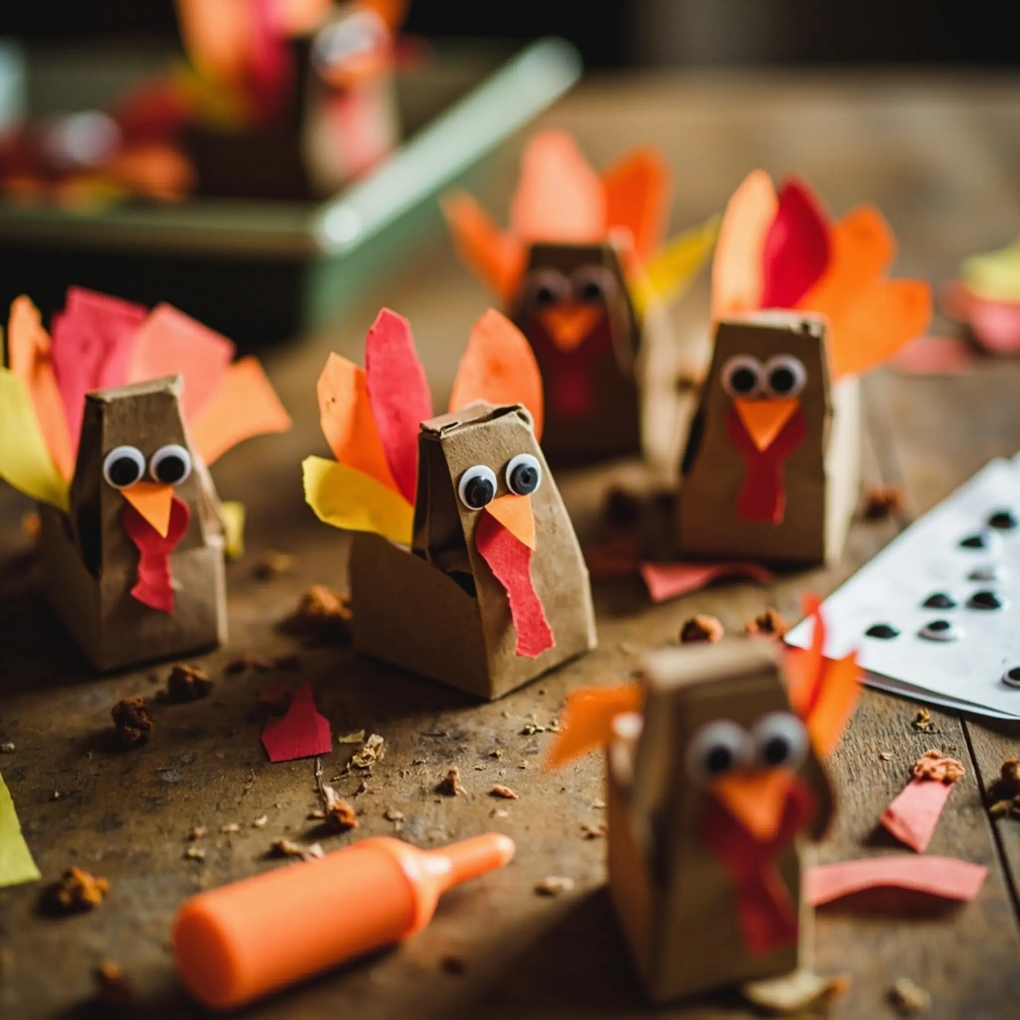 Assembled turkeys showing 16 feathers on a box of p the group raisin colorful image paper their table