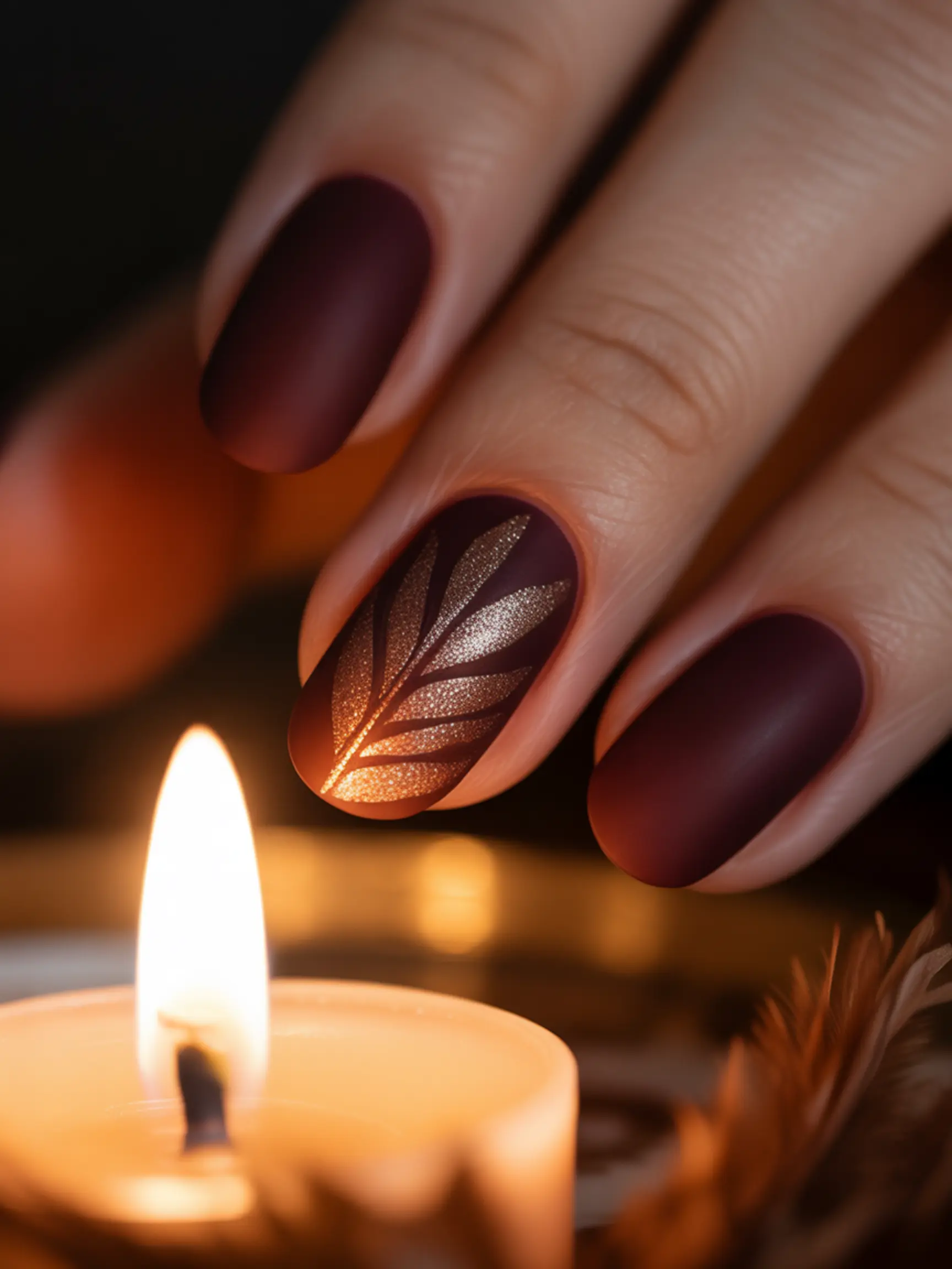 "20 Cute Turkey Nail Art Ideas for Thanksgiving (That Aren'T Tacky)" 17 Polish that burgundy with sparkles matte 17 on a bronze feather p using shape glitter an textured accent nail image painted