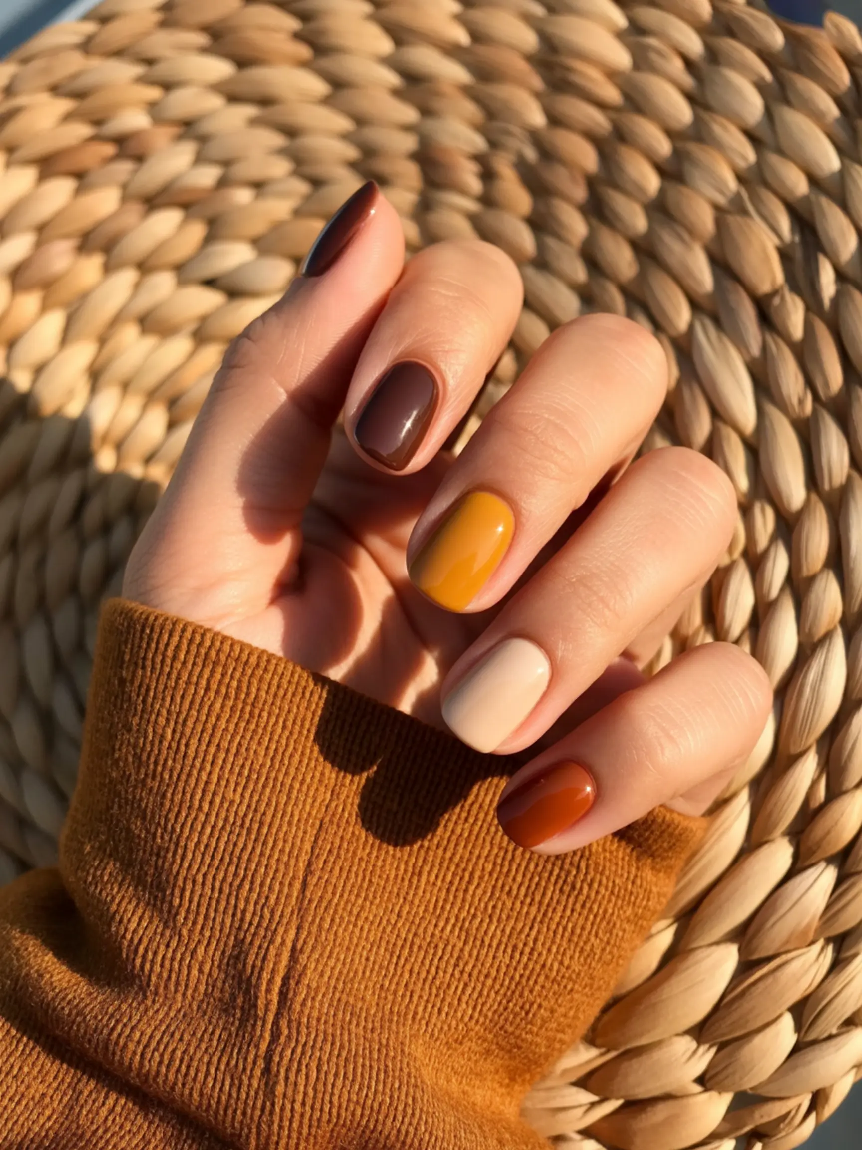 "20 Cute Turkey Nail Art Ideas for Thanksgiving (That Aren'T Tacky)" 19 Hand brown dark orange showing different a 19 each p rust shade solid cream and deep nail color image mustard metallic yellow painted